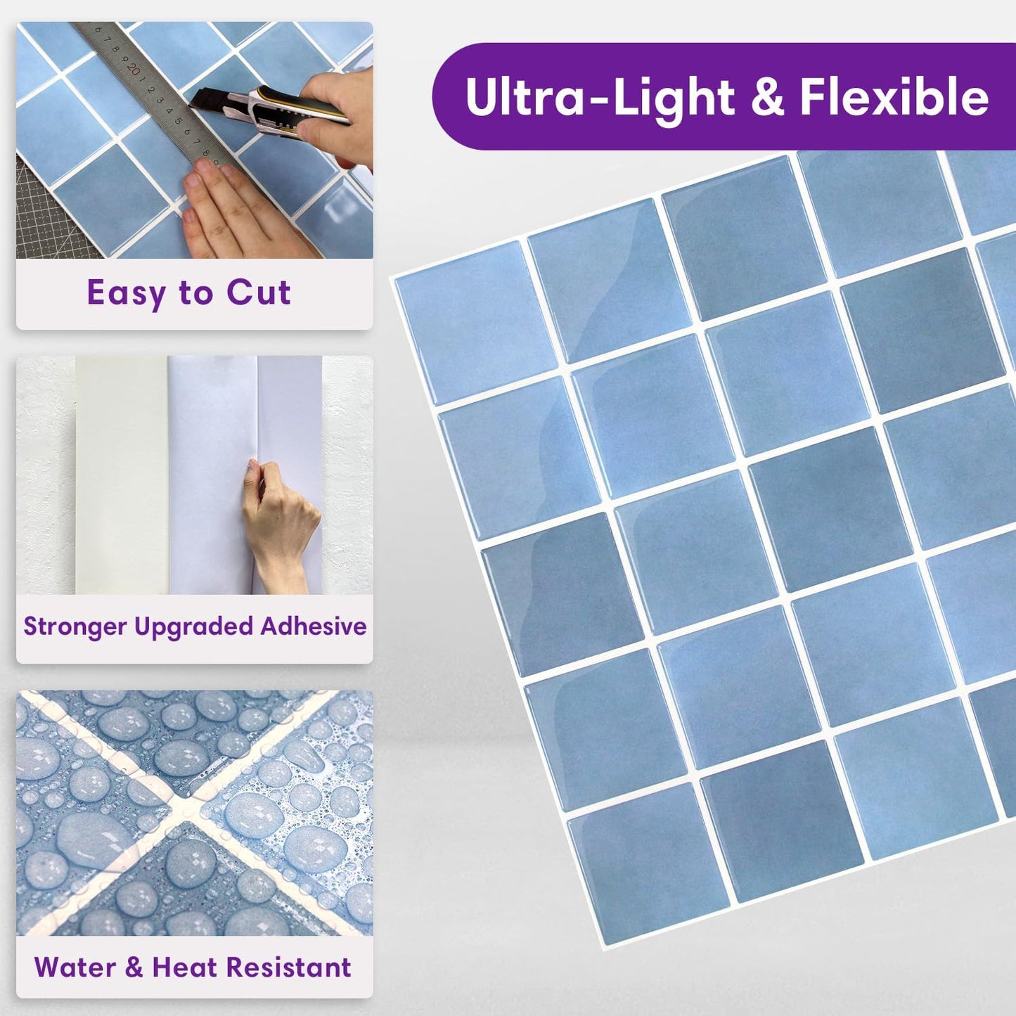 Textured Speckles Peel and Stick Backsplash Tiles- of -3D Adhesive / Gray/blue / 12 x 12 / Set of 10