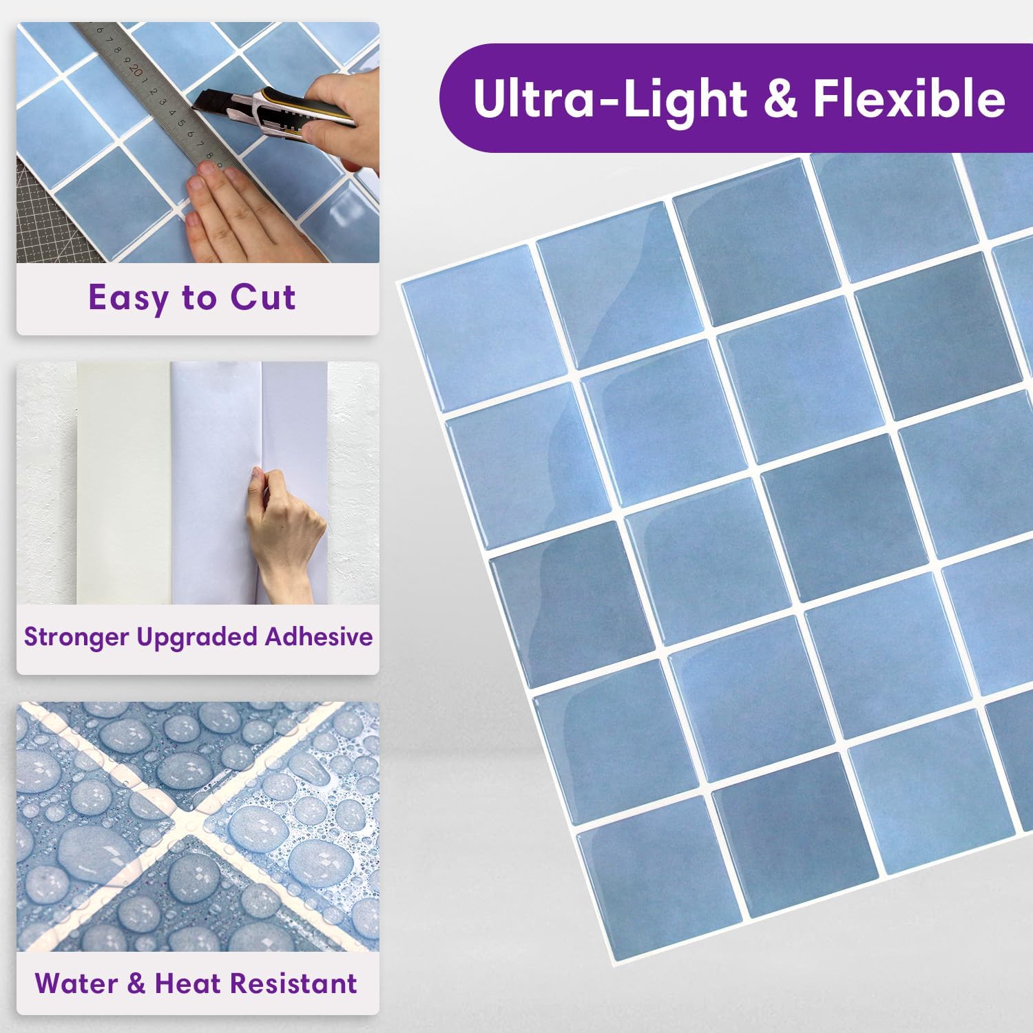 Textured Speckles Peel and Stick Backsplash Tiles- of -3D Adhesive / Gray/blue / 12 x 12 / Set of 10
