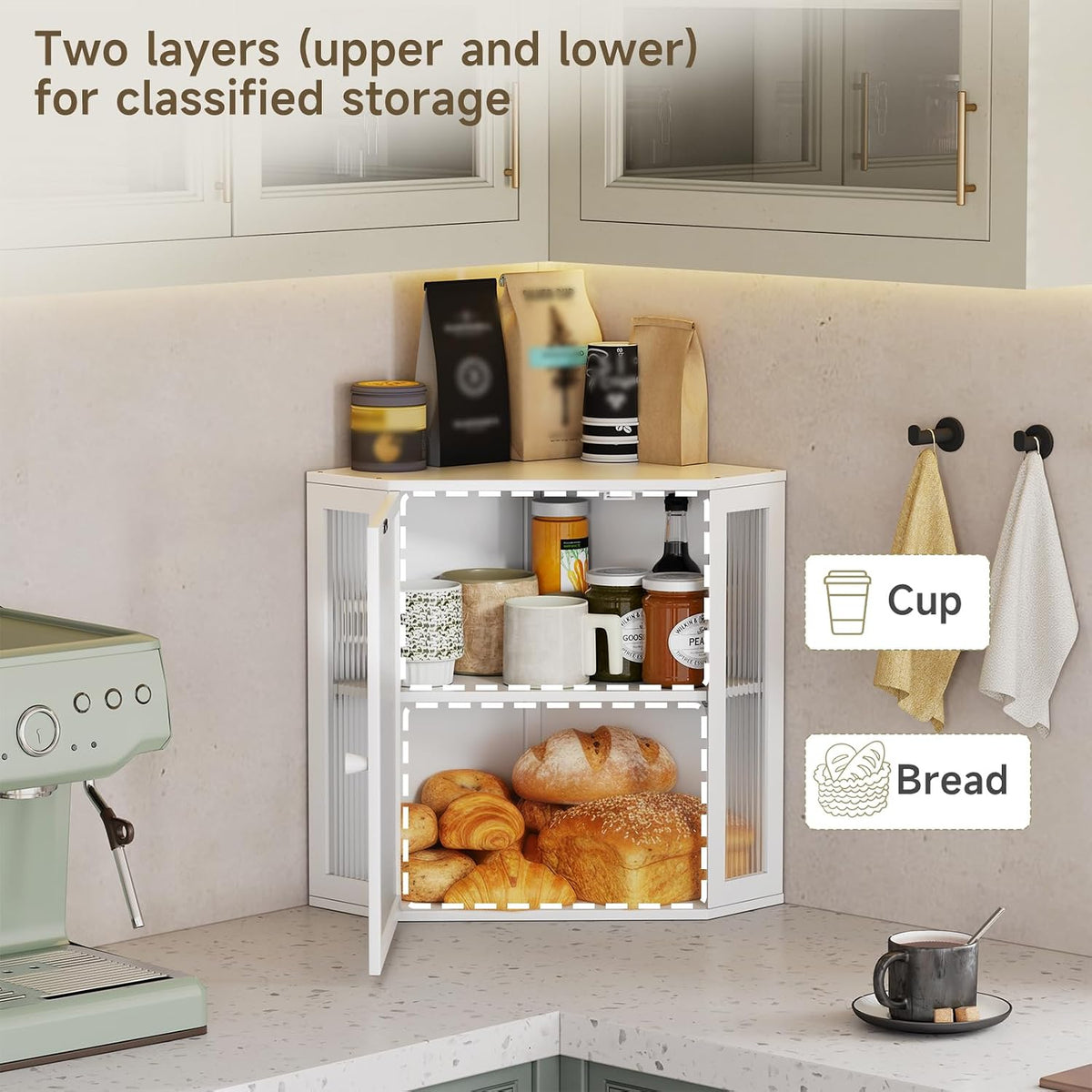 Corner Bread Box for Kitchen Countertop,Bread Storage (White, Extra Large) | Double Layer Large Capacity Bamboo Bread