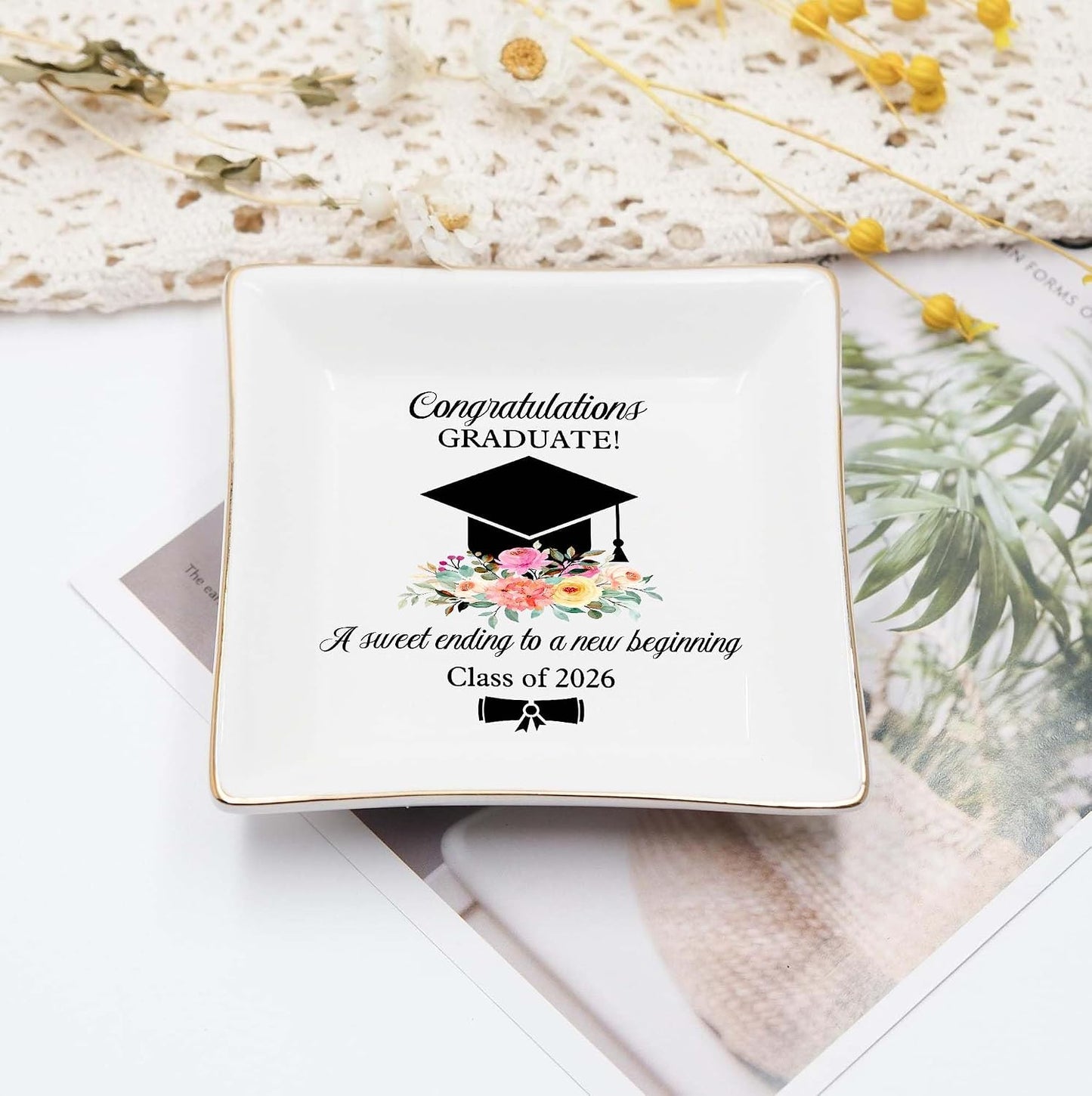 Cap & Flowers Graduate 4" Ceramic Jewelry Dish / Graduation