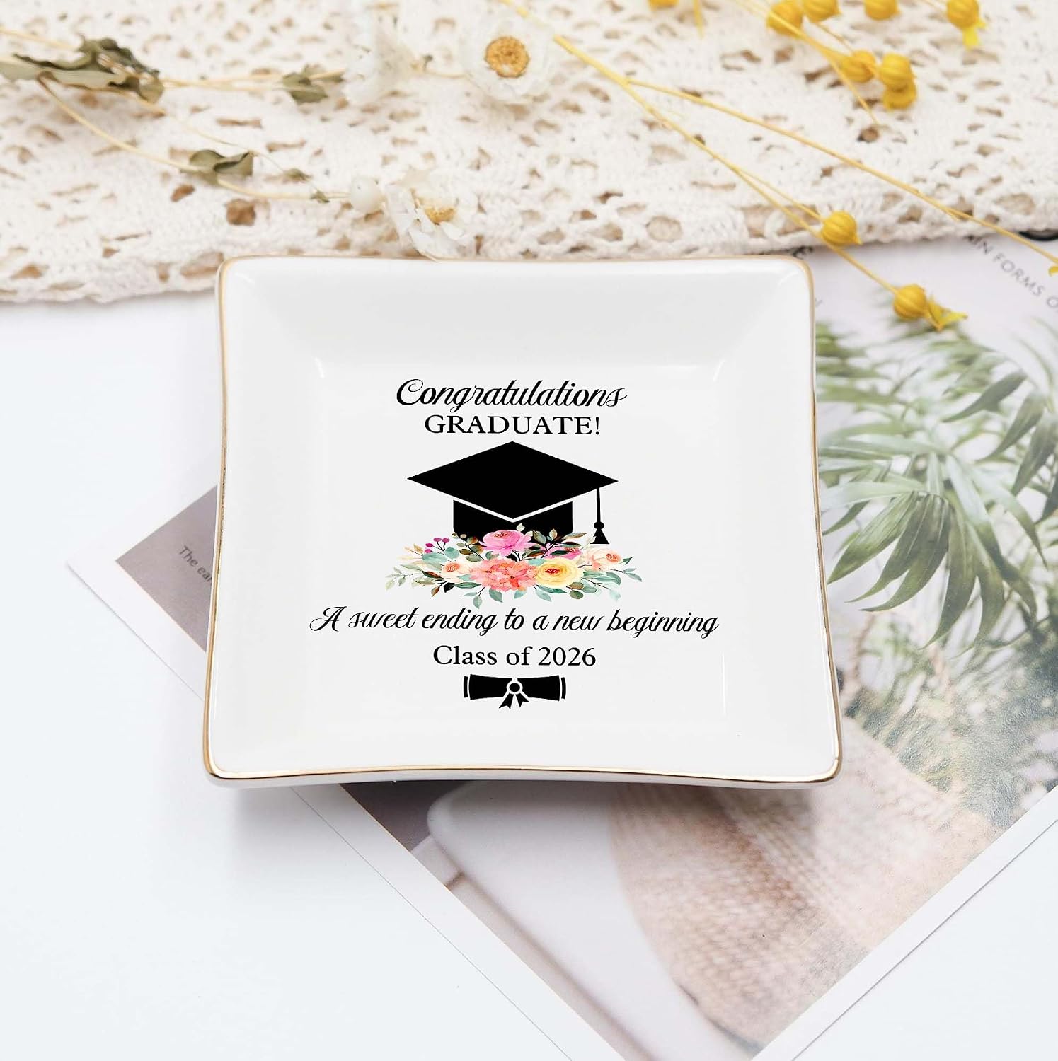 Cap & Flowers Graduate 4" Ceramic Jewelry Dish / Graduation