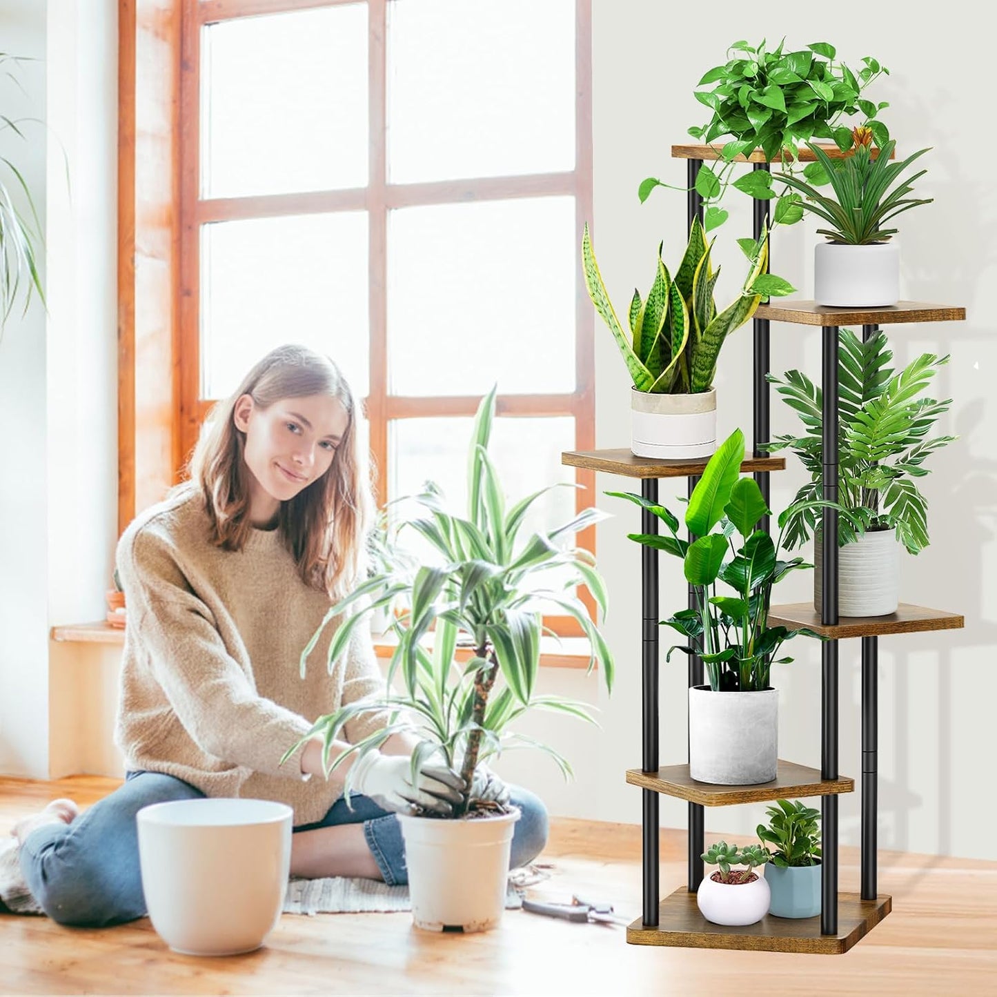 6 Tier Plant Stand Indoor, Thickened Metal Wood Corner Plant Shelf Stands for Multiple Plants, Indoor Tall Plants Stand