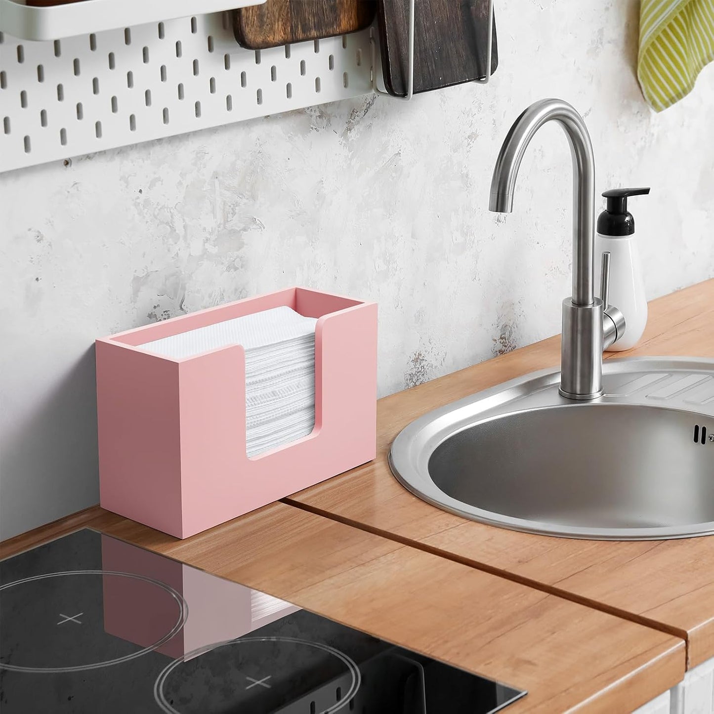 Paper Towel Dispenser Countertop, Wooden Bathroom Paper Towel Holder, Pink Napkin Holder for Kitchen, Countertop
