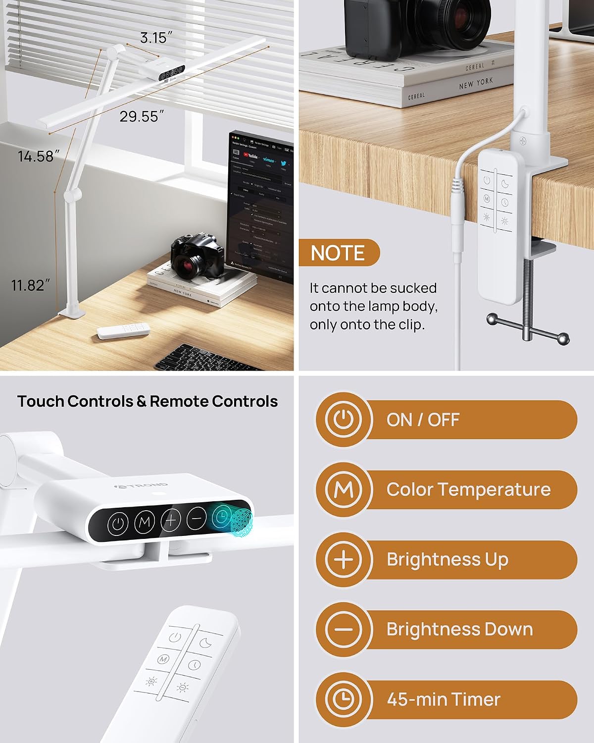 TROND LED Desk Lamp with Clamp, 29.55'' Tall Desk Light with Remote, White | 1500LM Bright Table Lamp, Swing Arm Clip