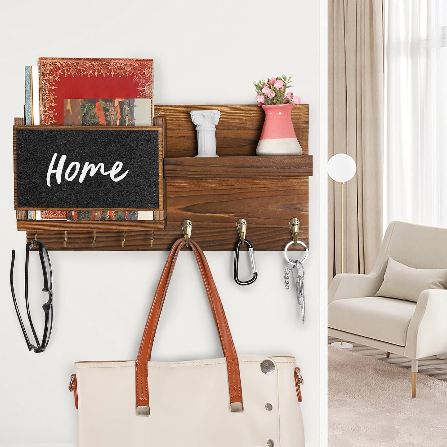 Easy Install Natural Wooden Key and Mail Holder / Brown