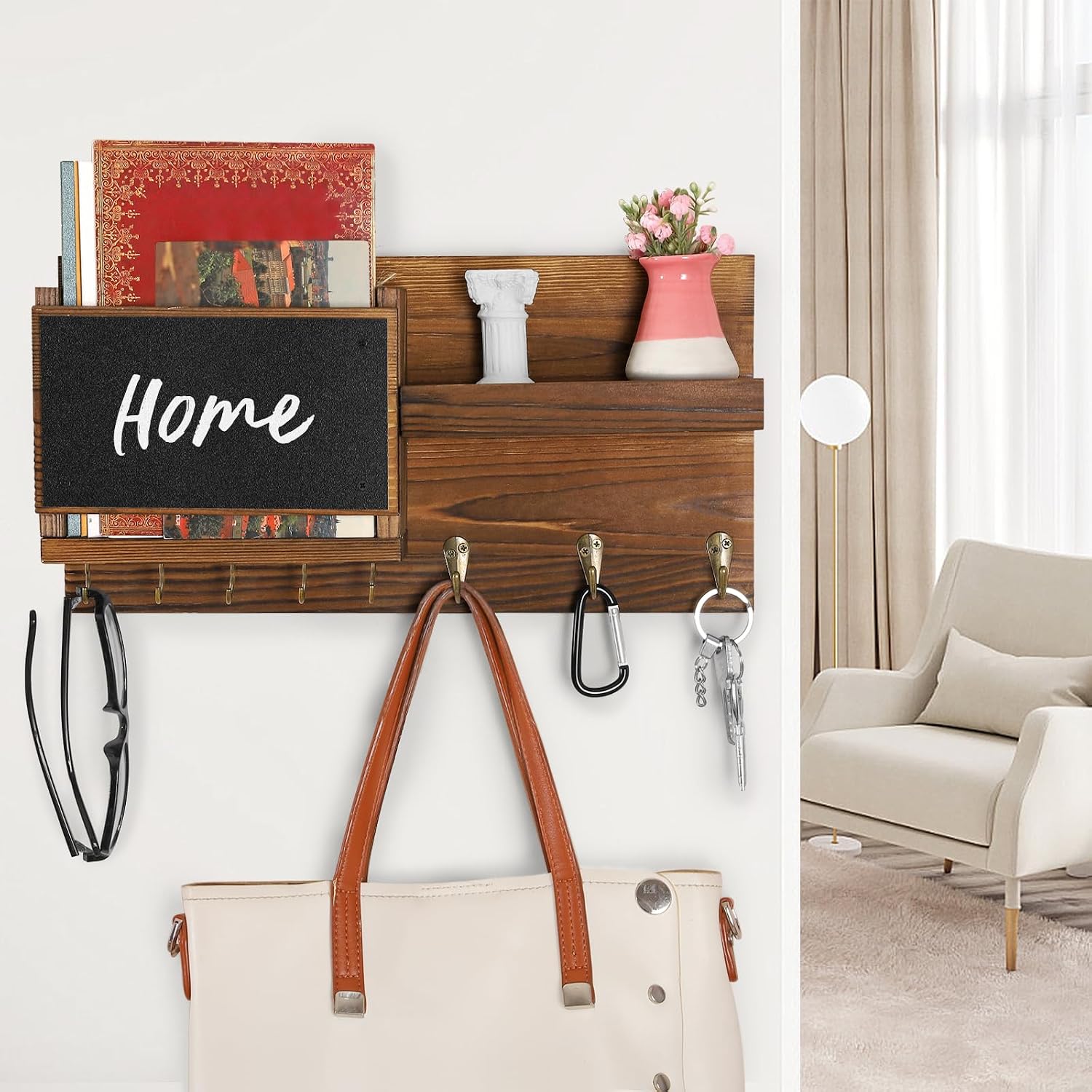 Easy Install Natural Wooden Key and Mail Holder / Brown