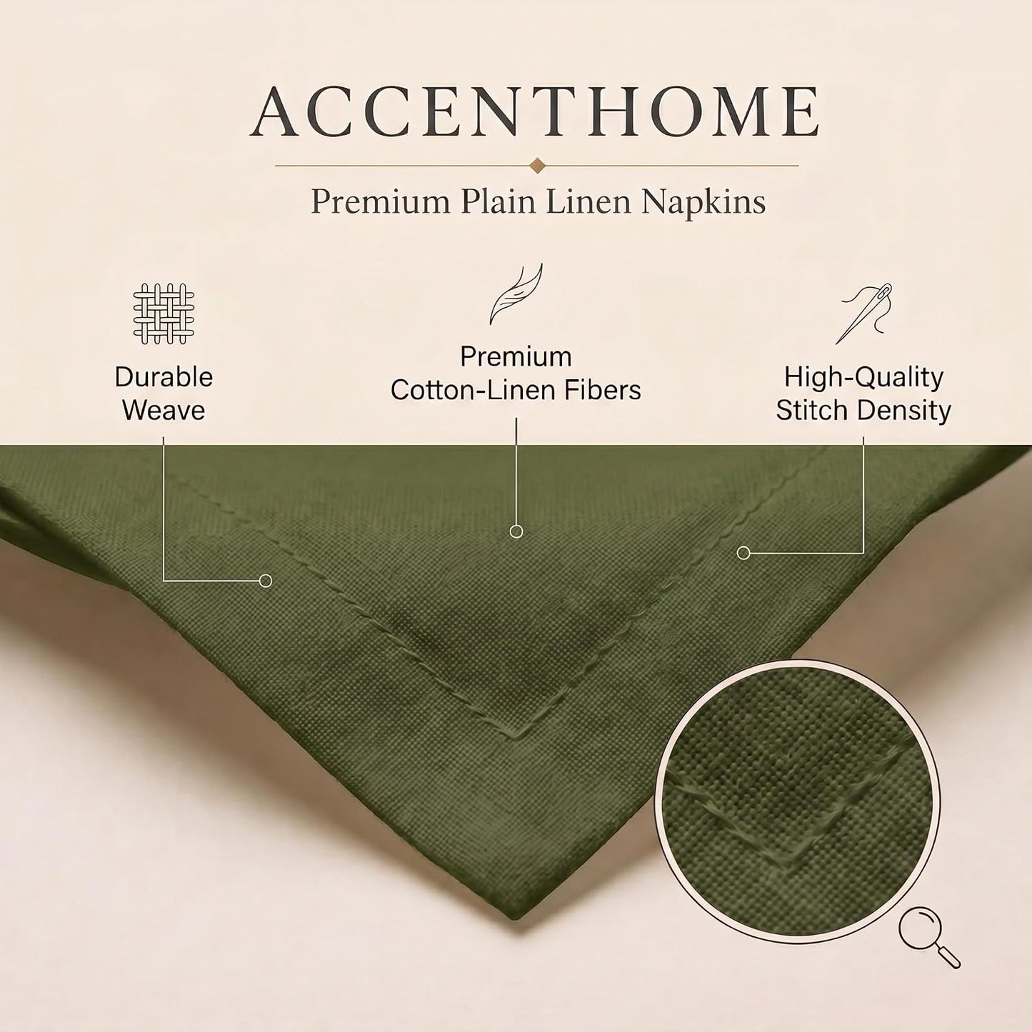 ACCENTHOME Olive Green Cotton Linen Napkin Set of 12 18x18 inch Dinner | Cotton Linen Blend Napkins, Machine Wash On
