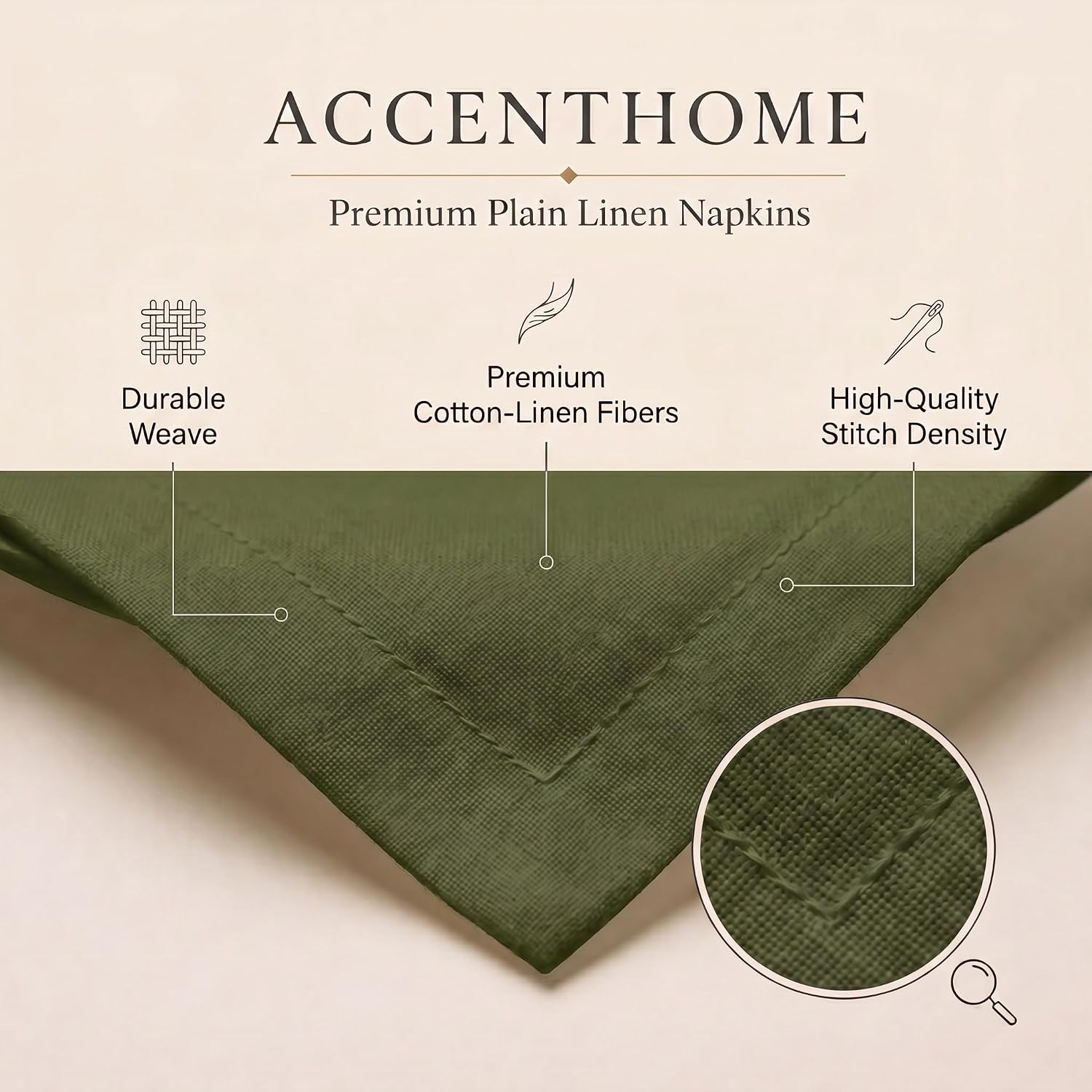 ACCENTHOME Olive Green Cotton Linen Napkin Set of 12 18x18 inch Dinner | Cotton Linen Blend Napkins, Machine Wash On