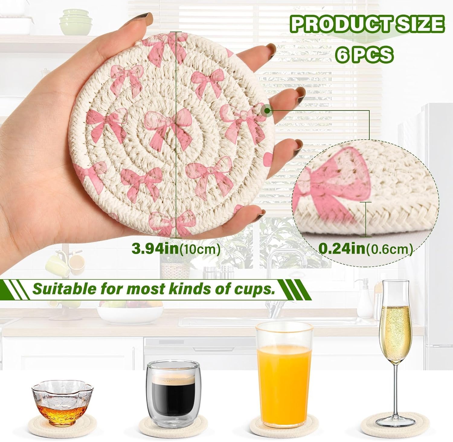 Coasters for Drinks Bows Pattern Absorbing Round Table Mat for Mugs and Cups / Multi 29 / Pink