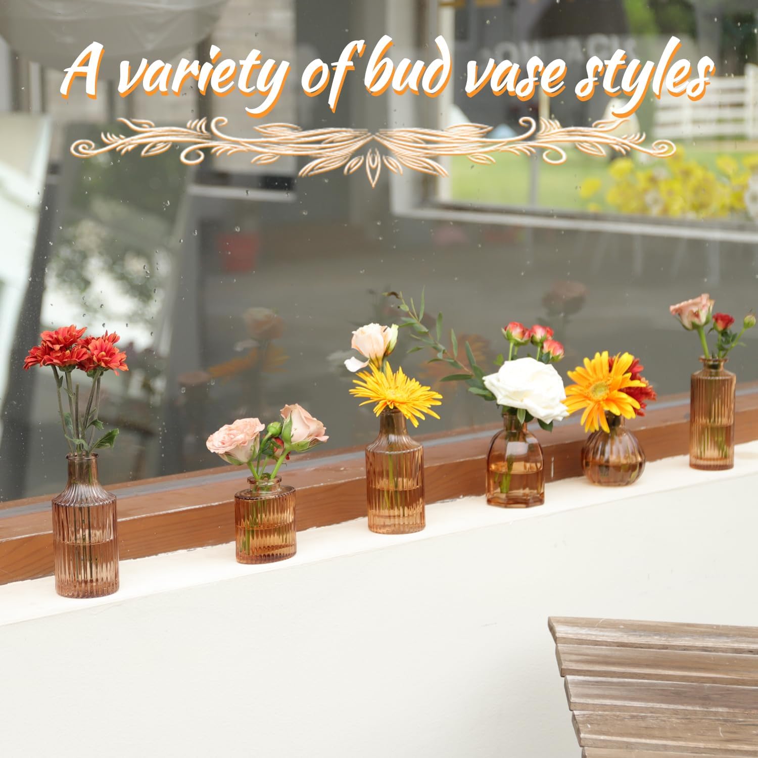 Vase Small Glass Vases for Flowers Modern Ribbed Glass Bud Vase for Decor Flower / Amber / Set of 12