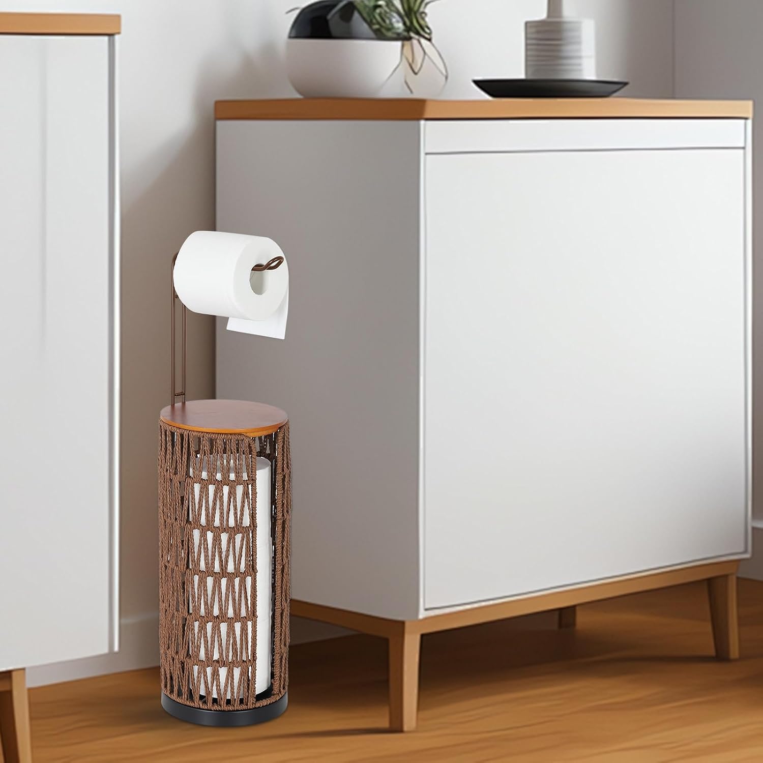 Freestanding Toilet Paper Holder with Storage,3 Rolls of Rattan Tissue Holder for Bathroom,Woven Toilet Paper Roll