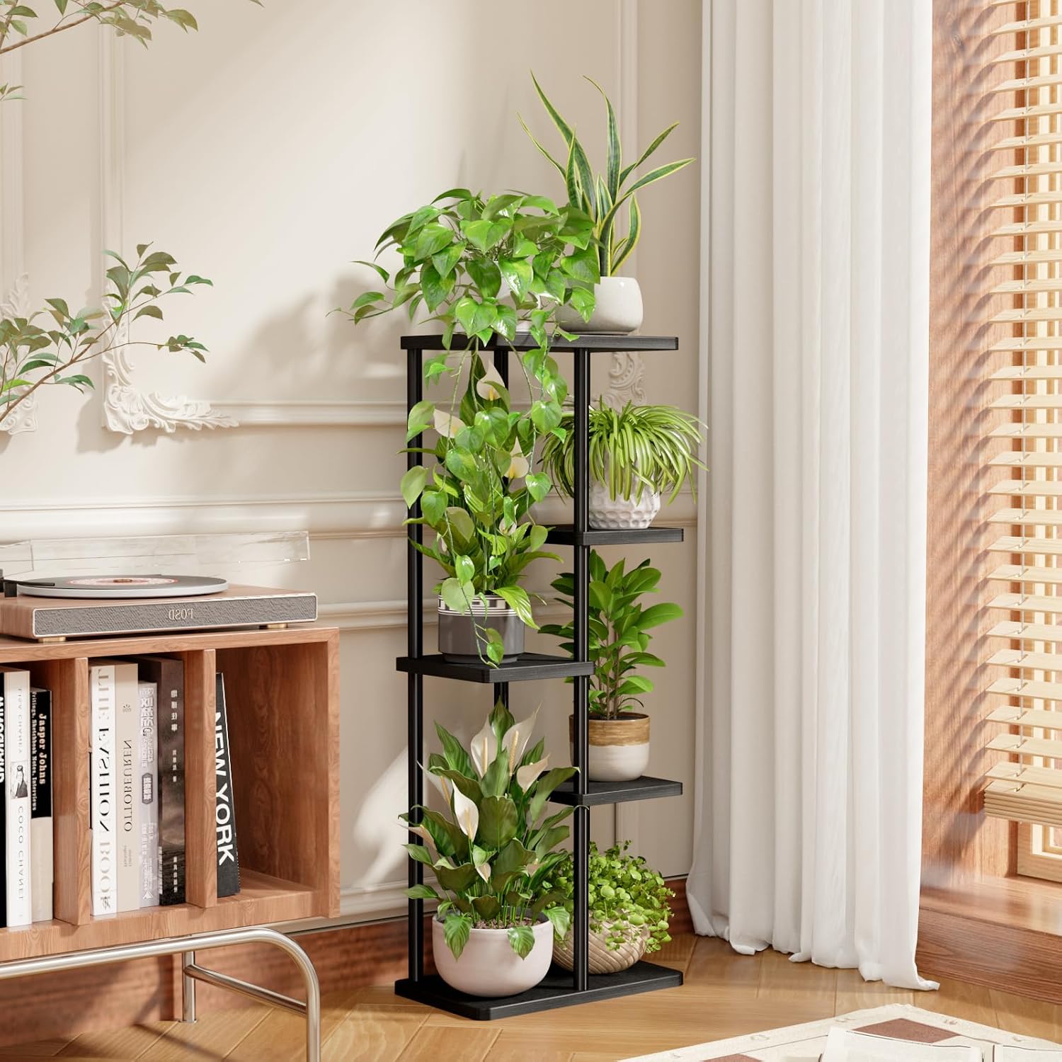 Bamworld Plant Stand 5 Tier Corner Metal Shelf Black | Tiered shelf organizes multiple plants in living rooms