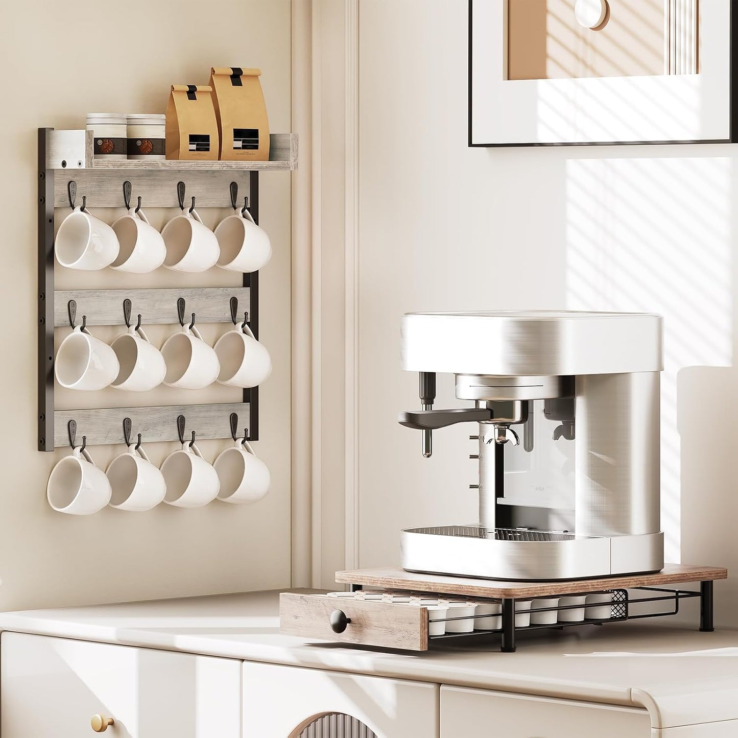 Coffee Mug Holder Stand, 3 Tier Mug Tree Rack, Hanging 12 Cups, with Top Shelf, for Kitchen, Dining Room, Living Room