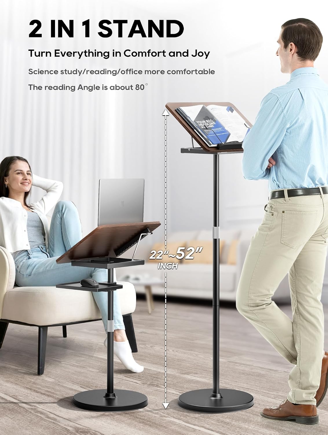 2 in 1 Adjustable Book Stand - Dual-Use Floor and Desktop Book Holder Stand, Height Adjustable 23.5-52 in, Elastic Page