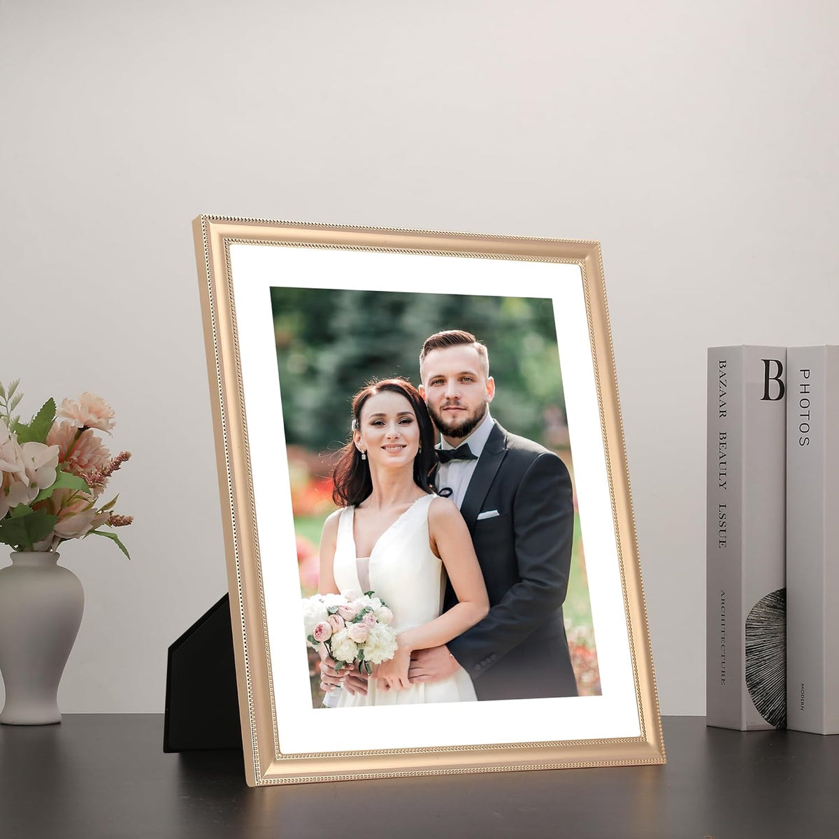 YiPinYin Classy Gold Plated 10x12'' Metal Beaded Picture Frames 2pack,with Acid Free Mat for 8x10'',Features Real Glass