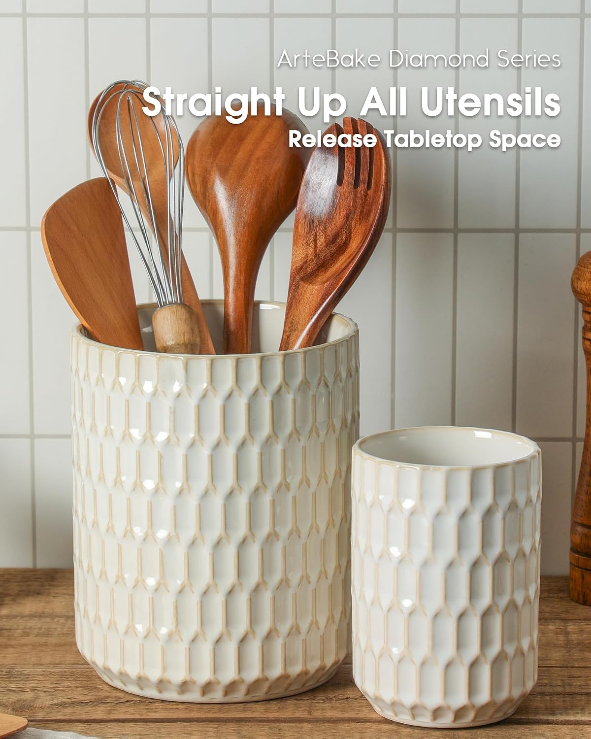 Utensil Holder Set of 2, Large & Small Ceramic Crocks for Kitchen | Countertop, Farmhouse Kitchen Decor, Thick Durable
