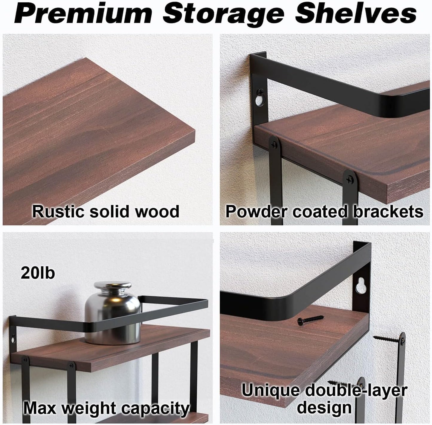 RICHER HOUSE 2+1 Tier Wall Mounted Floating Shelves Set of 2, Rustic Wood Shelf with Metal Frame, Extra Storage Rack
