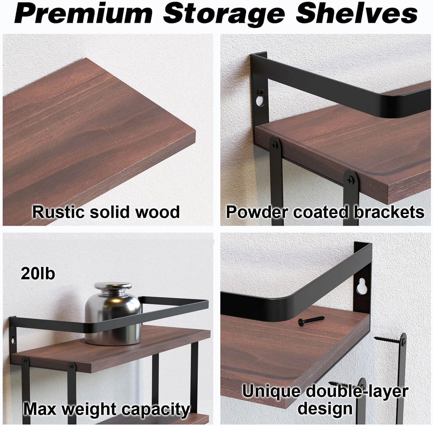 RICHER HOUSE 2+1 Tier Wall Mounted Floating Shelves Set of 2, Rustic Wood Shelf with Metal Frame, Extra Storage Rack