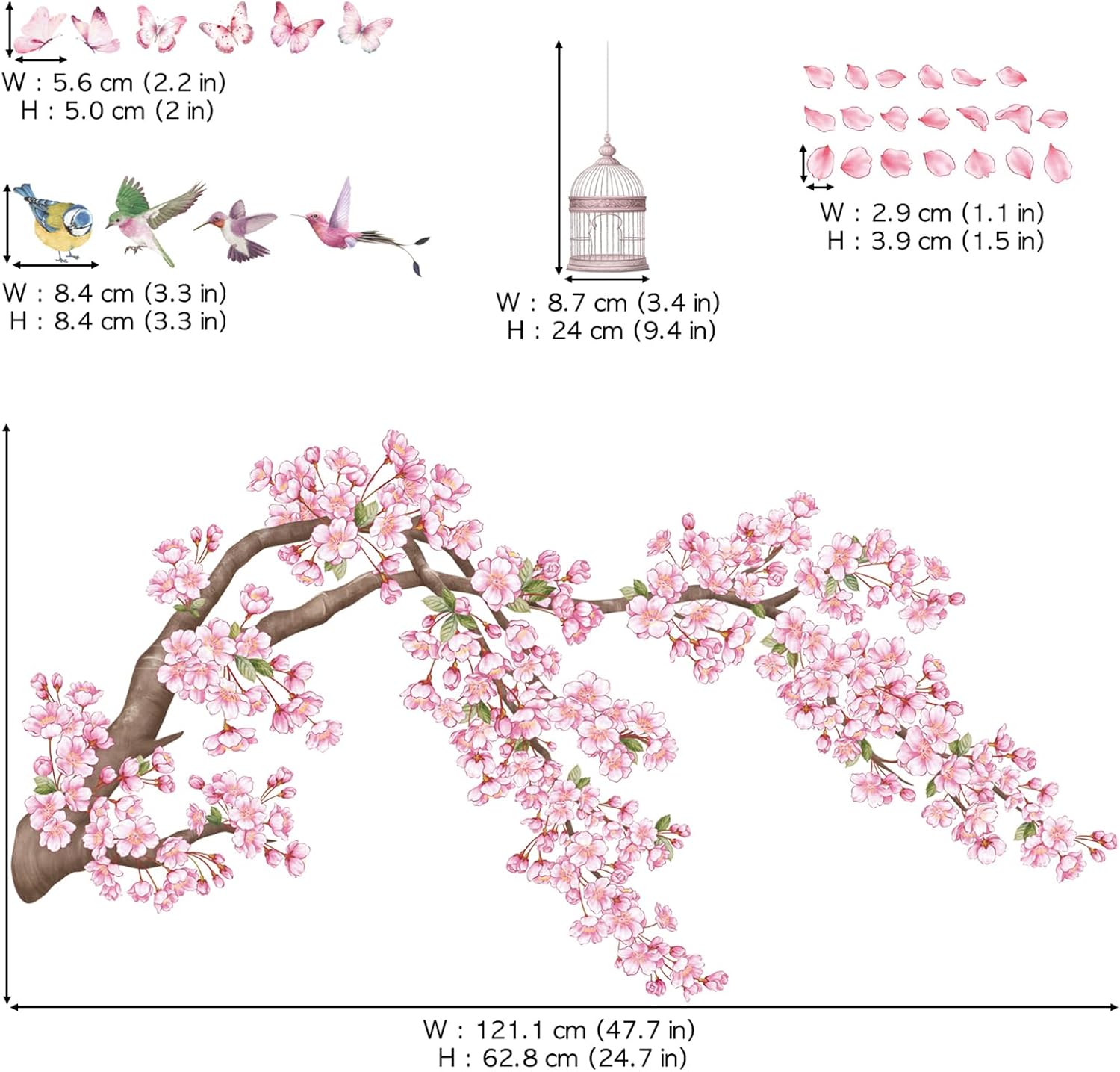 SG2-2426 Cherry Blossom Flower Tree and Cage Branch Wall Decal / Cherry Blossom Tree / 47.7 x 24.7