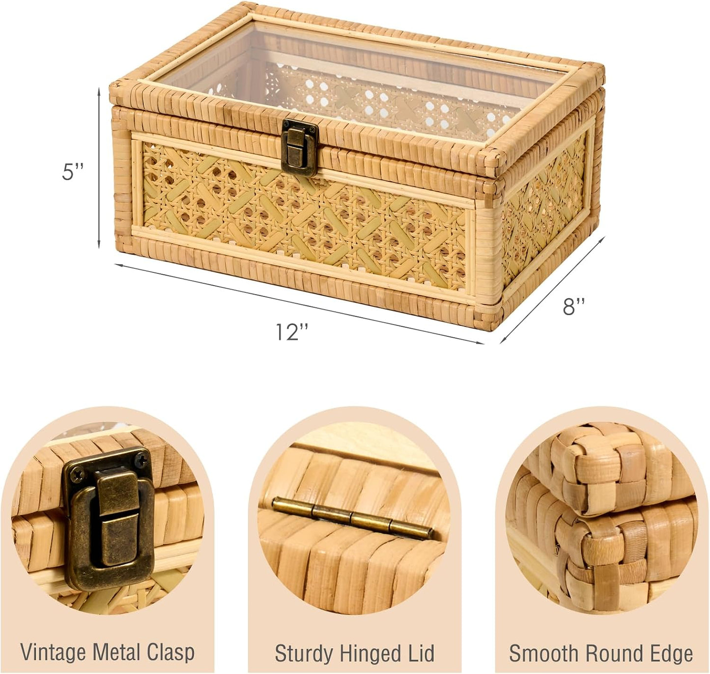 Clear Glass Lid Wooden Frame Handmade Boho Wicker Basket Woven Cane Bin Keepsake / Large / Natural