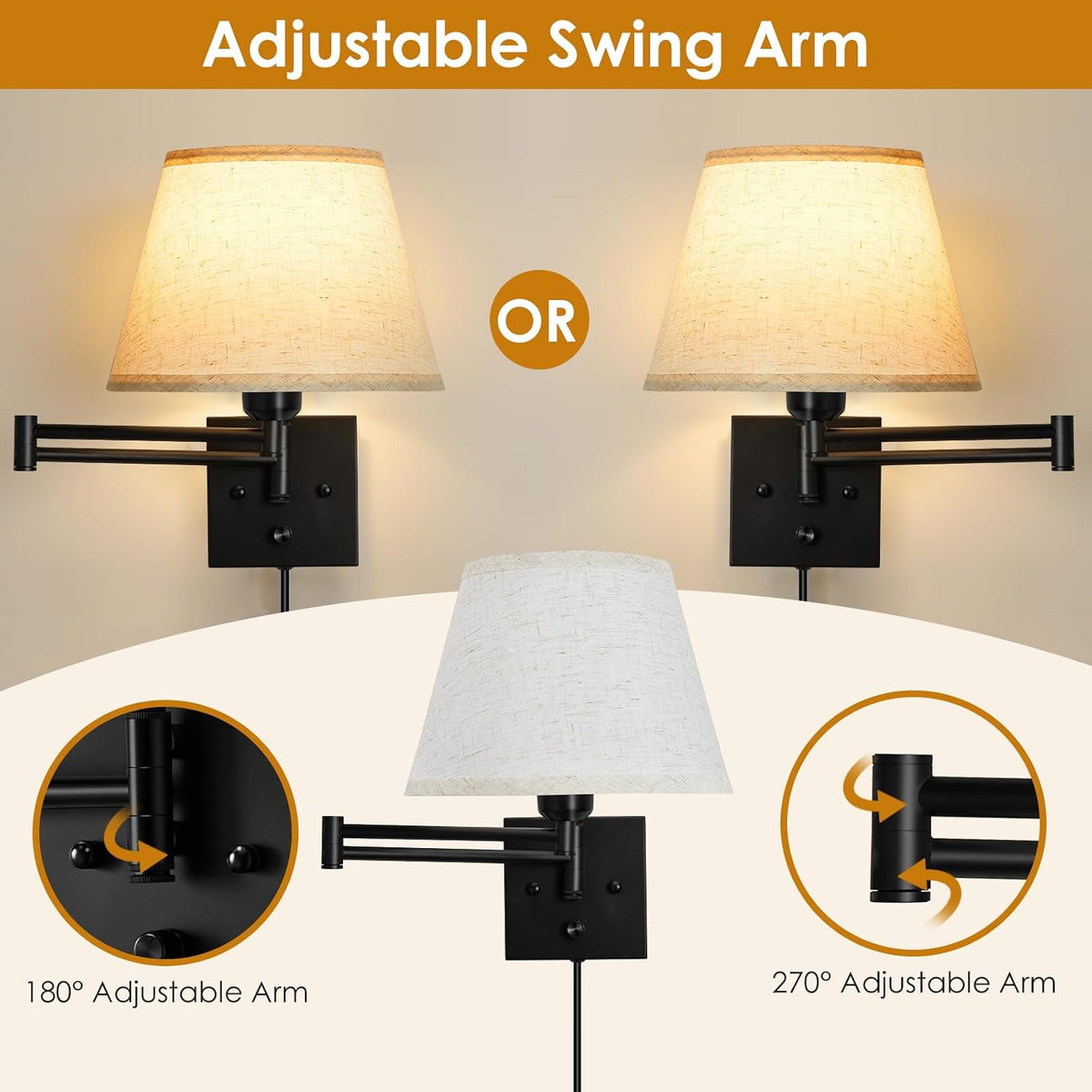 Wall Sconces Set of 2, Dimmable Wall Sconce, Plug in Wall Lights, E26 Based | Wall Lamp with Fabric Shade & Adjustable