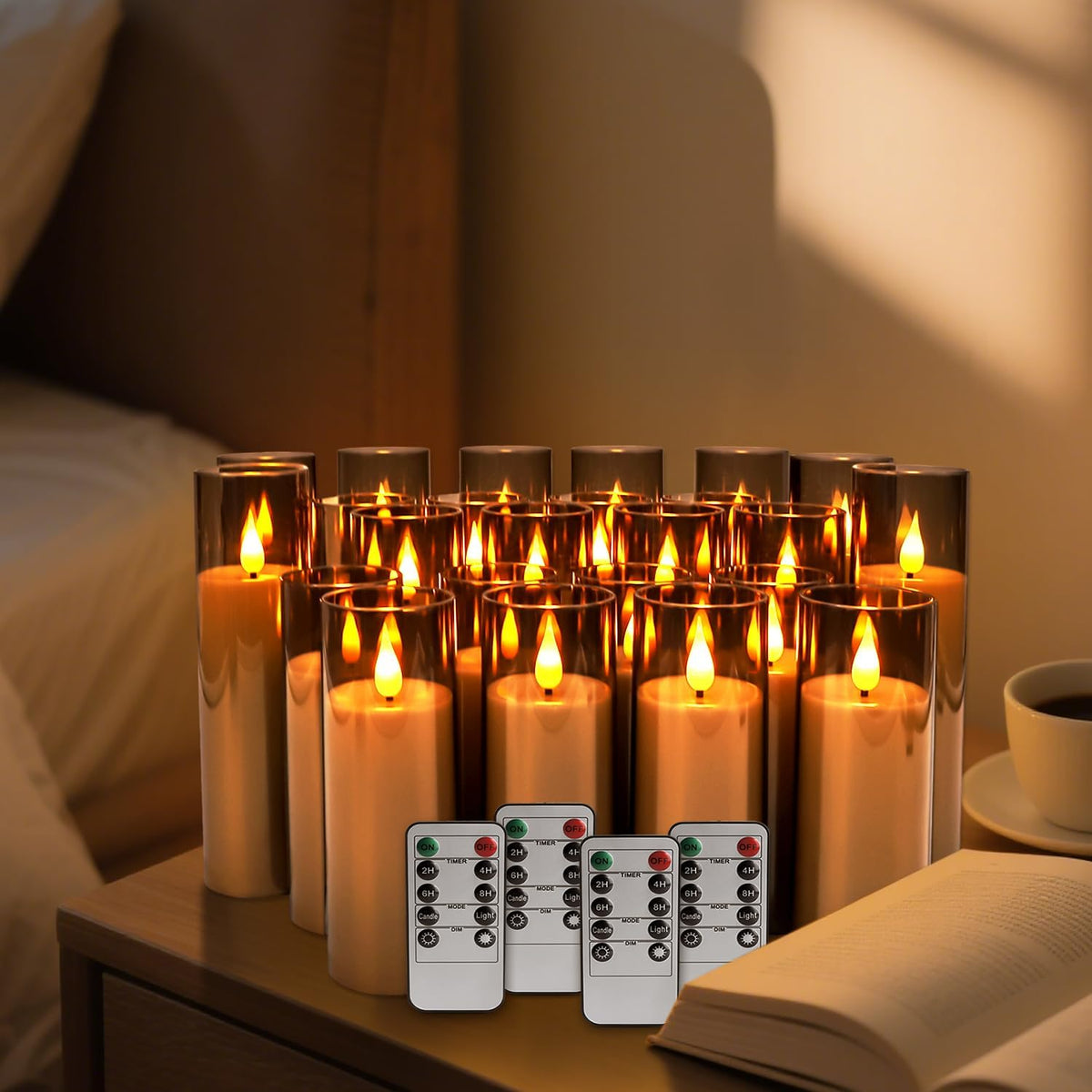 24 Pack LED Gray Flameless Candles with Remote, 3D Flickering Battery Operated Candles in Glass Holders, Safe for