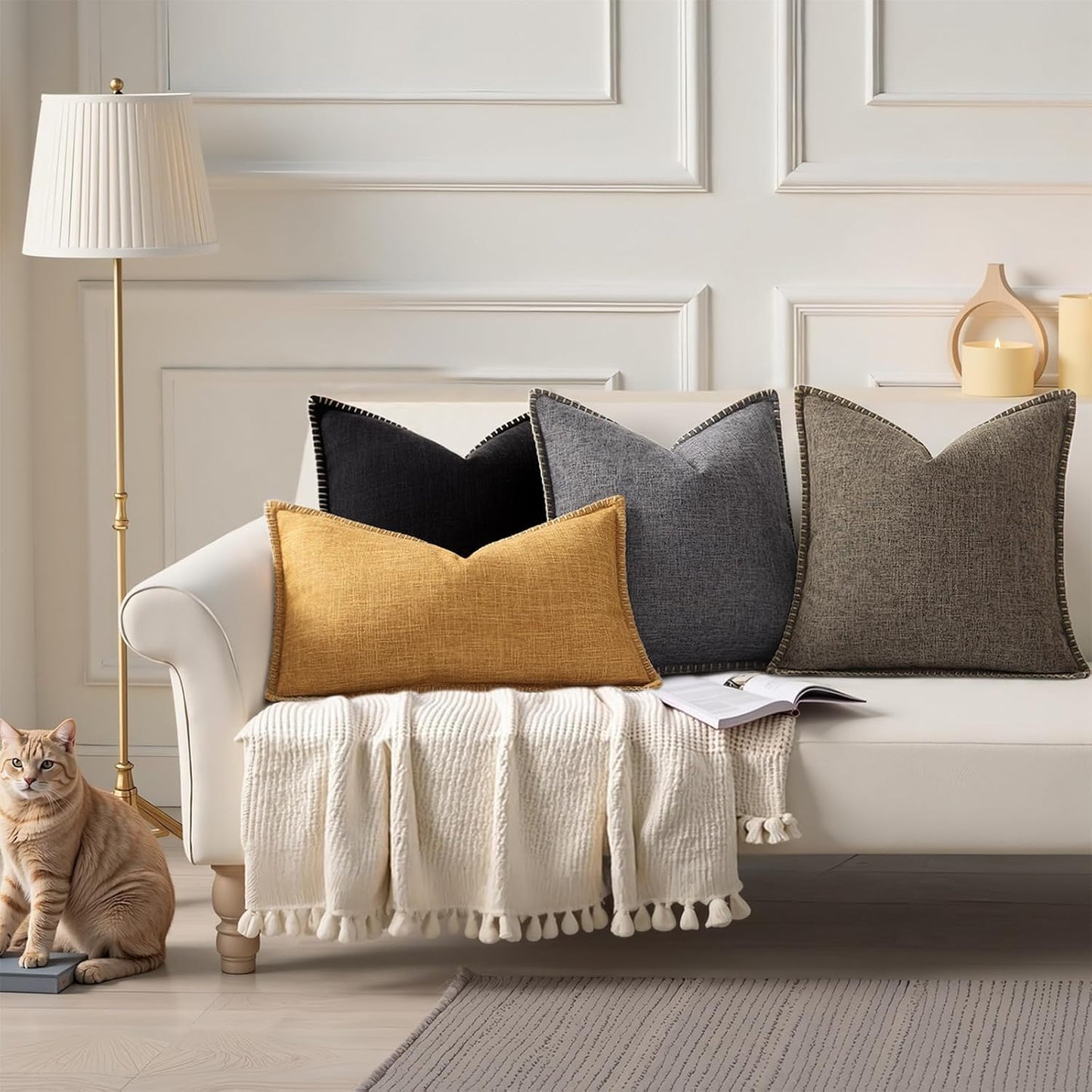 Fall Decorative Throw Pillow Covers Square Faux Linen Outdoor Neutral / Black / 18 x 18 / Set of 2