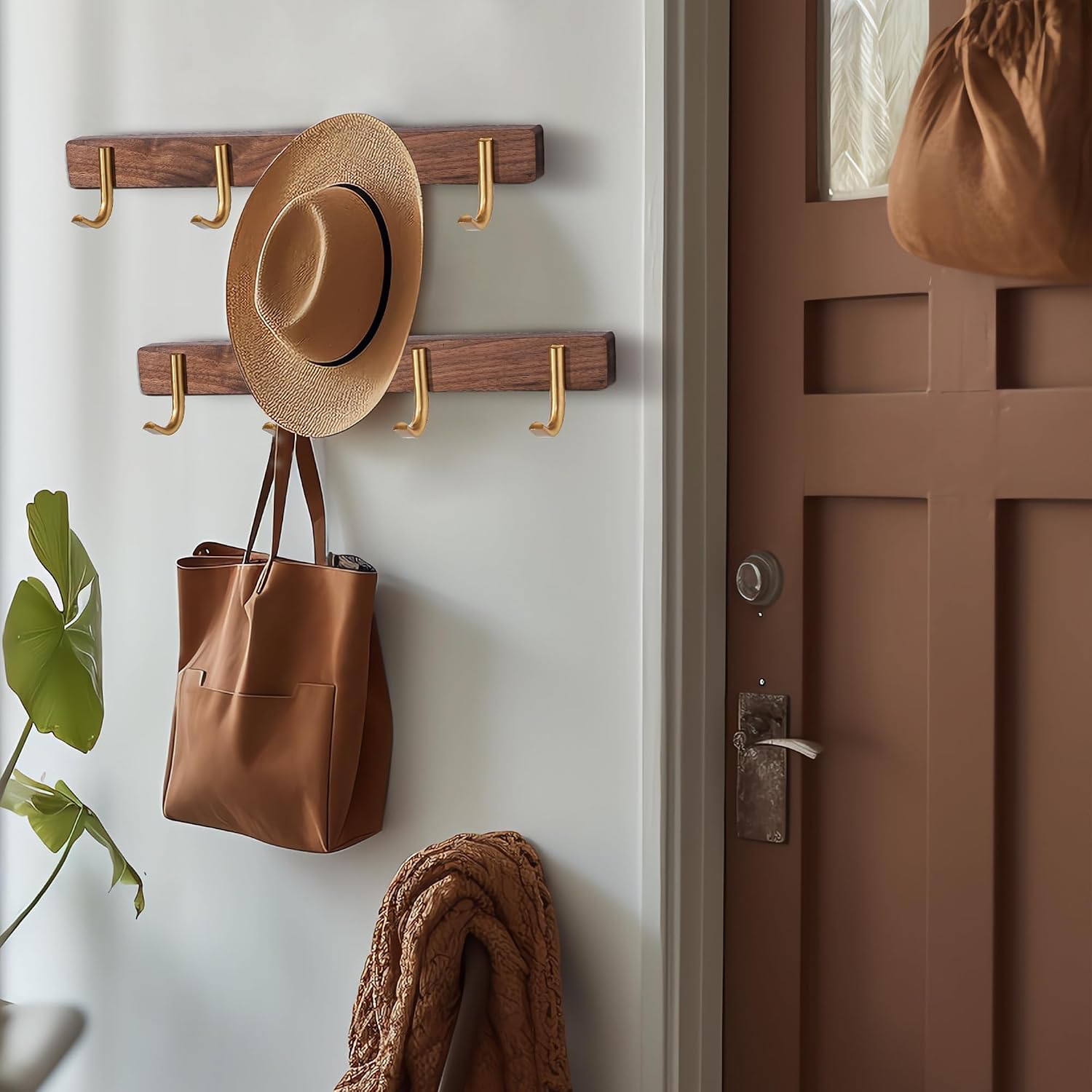 Wall Mounted Coat Rack, Metal Wood with 4 Hooks | Entryway Hanging, For Coat, Scarf, Bag, Towel, Key, Cap, Hat, Walnut