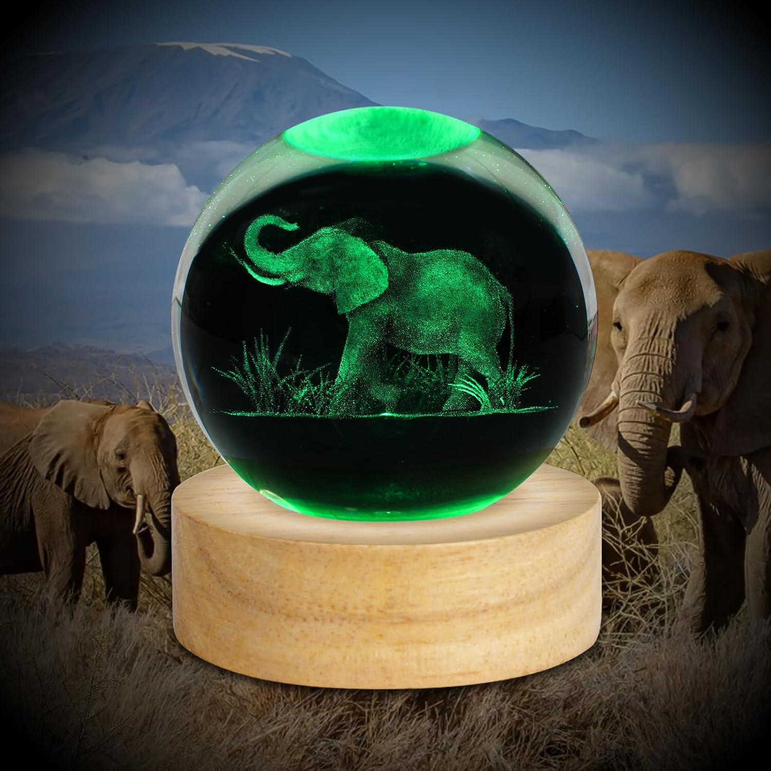 3D Engraved Crystal Ball Night Light Figurines Decor Table Lamp / Elephant / 2.4 Inch