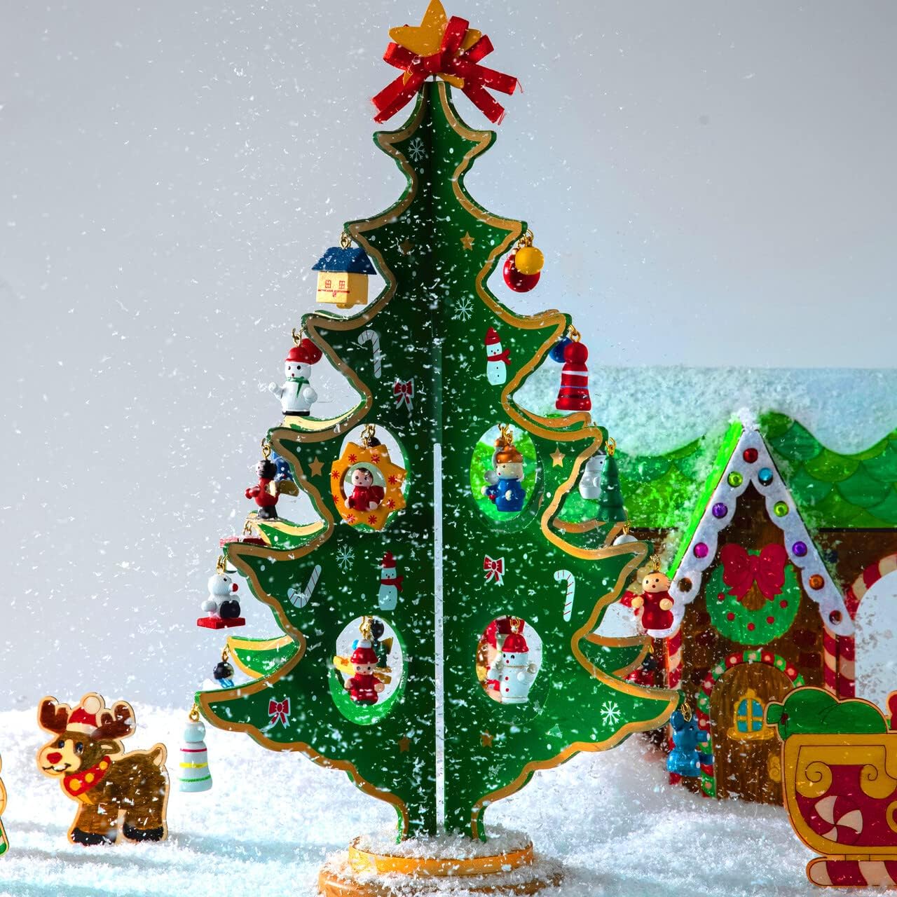 JOYIN Christmas 24 Days Countdown Advent Calendar with a Tabletop Wooden Christmas Tree and 28 Ornaments Snowman Santa