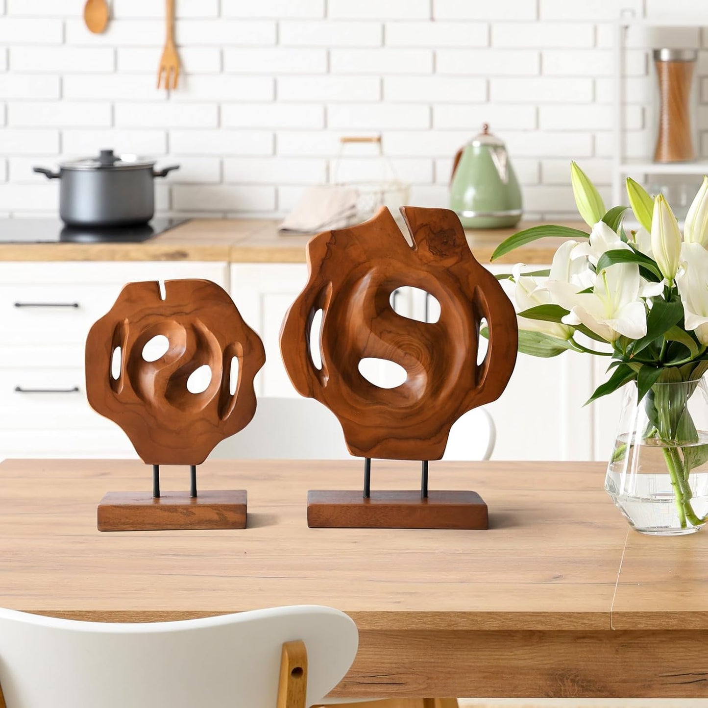 Geometric Teak Wood Sculptures on Metal Stand / Natural / Set of 2