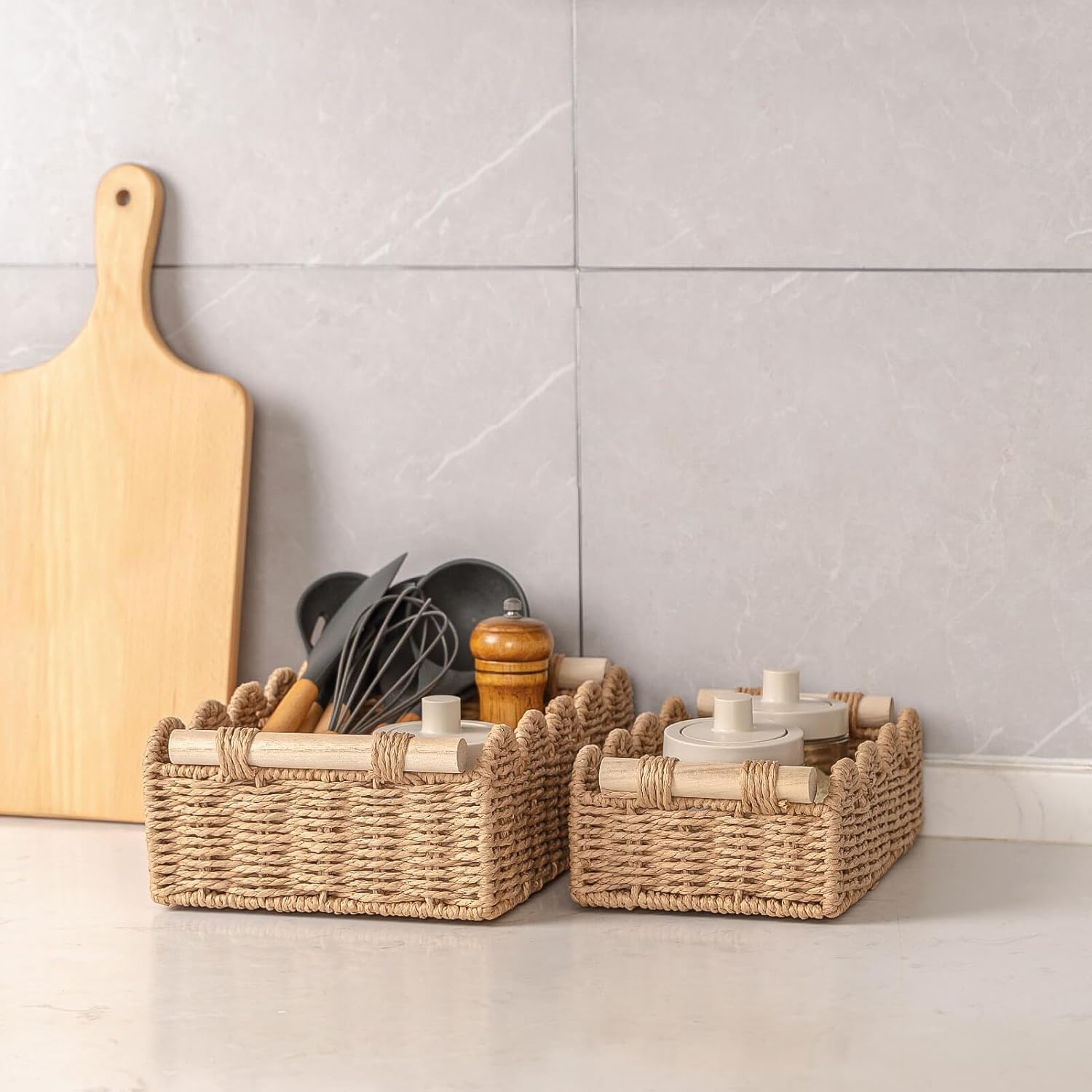 Scalloped Decorative Baskets for Over Toilet Shelves / Neutral / Small