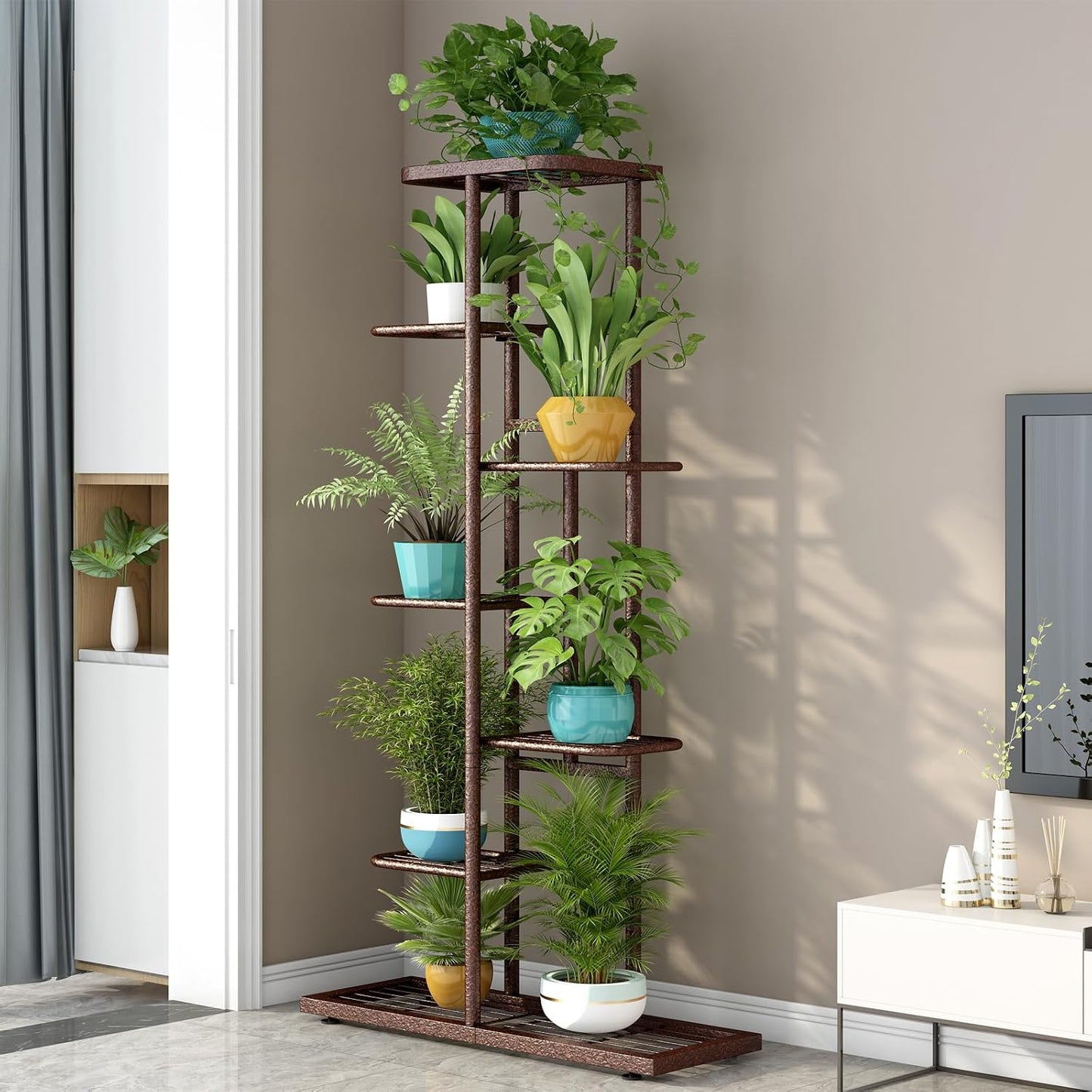 LINZINAR 7 Tier Plant Stand Indoor Outdoor Metal Flower Pot Display Shelf | Space Saving,8 Potted Multiple Flower Pot