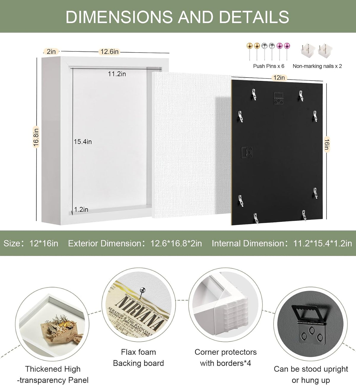12x16 Large Shadow Box Frame with Thickened Acrylic Panel & Pins | With Linen Back, Deep 1.7" White Shadow Box Display