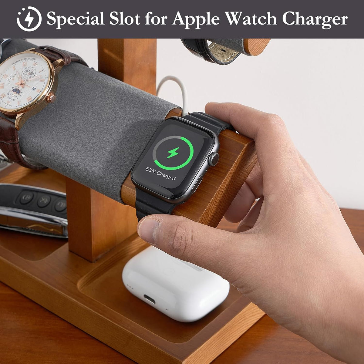 ProCase Wood Watch Display Stand Holder for Men, Wristwatch Tower with T-Bar Design, Hanging Watch Rack, Wooden Wrist