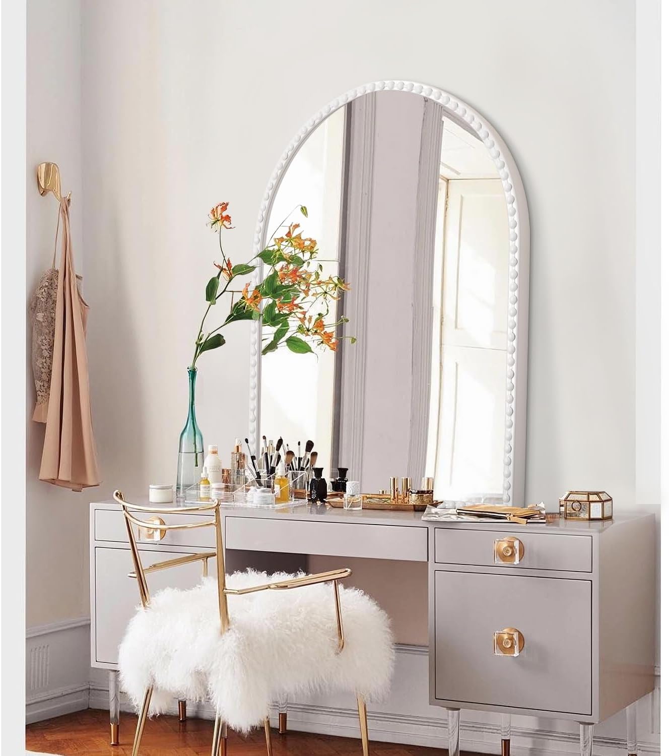 Beaded Framed Metal Accent Wall Mirrors Decorative Bathroom Living Room / 30"L x 20"W / White