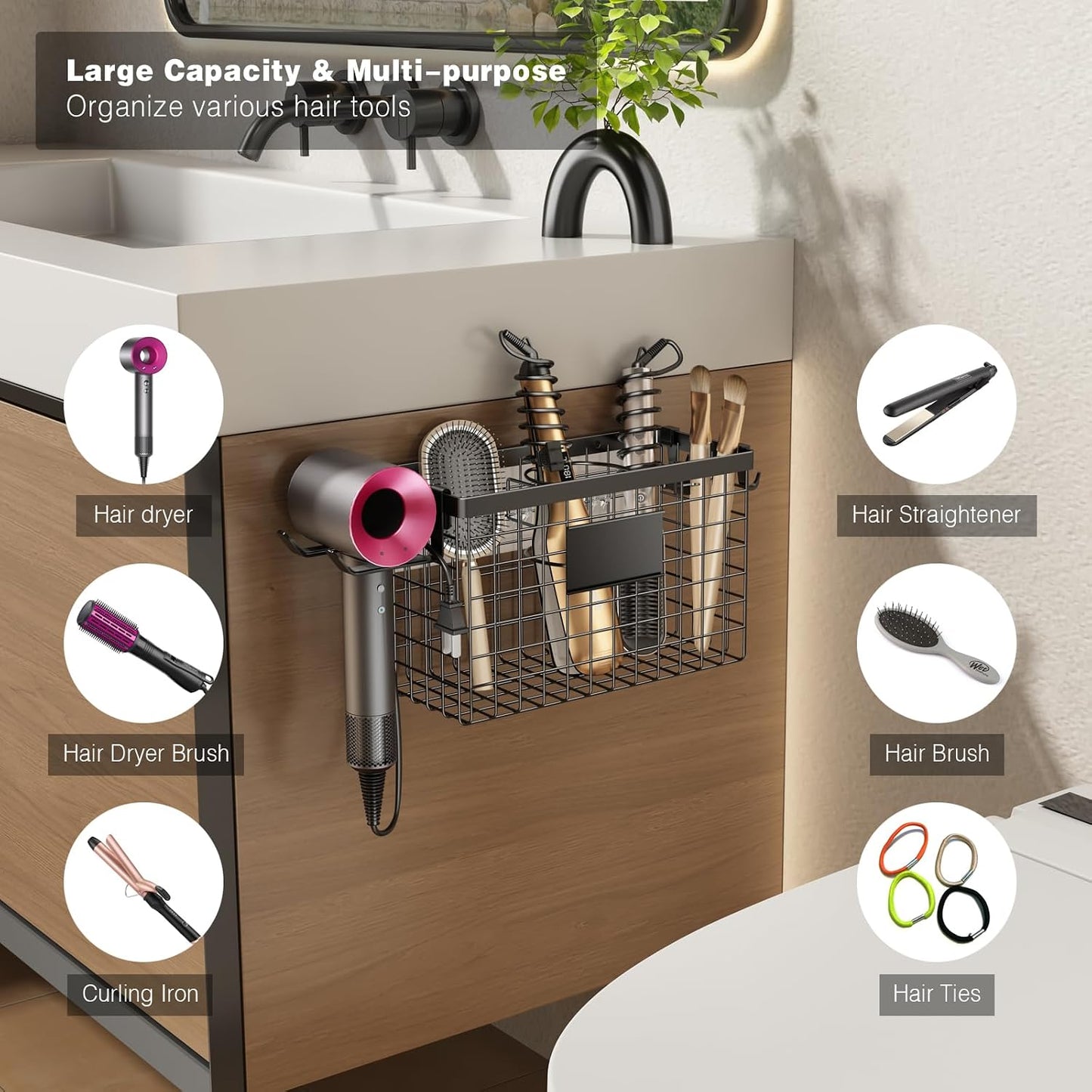 Voldra Hair Dryer Holder Cabinet Door, Adhesive Hair Tool Organizer Wall Mount Adjustable Height Blow Dryer Holder