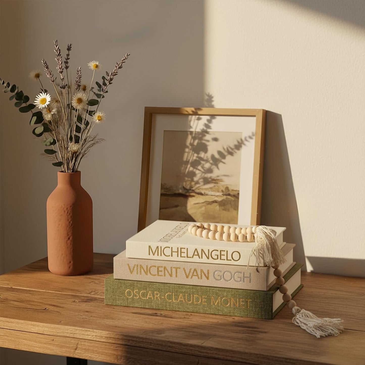 Linen Fake Books for Decoration / Green W. Wooden Beaded / Set of 3