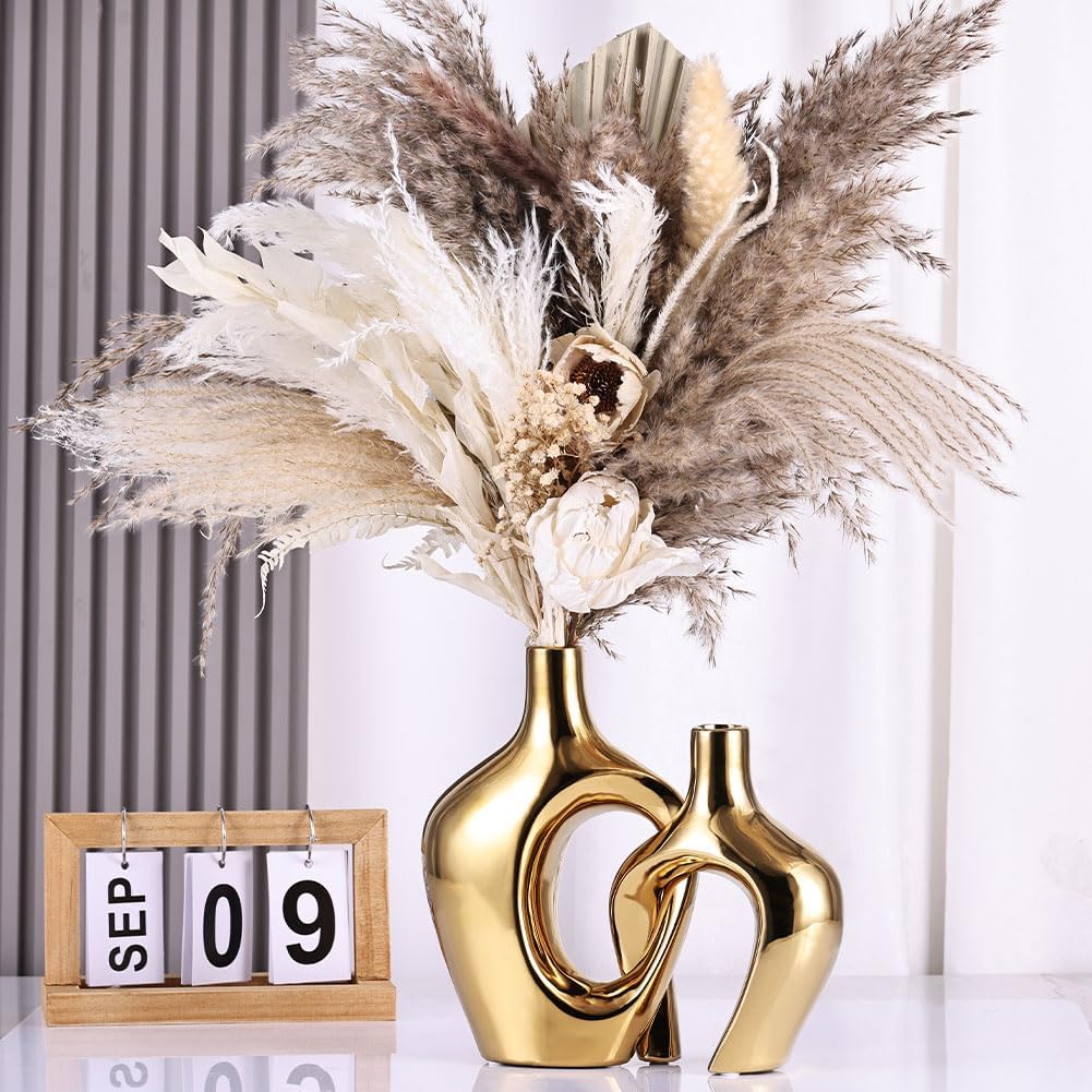Hollow Ceramic Vases / Gold / Set of 2
