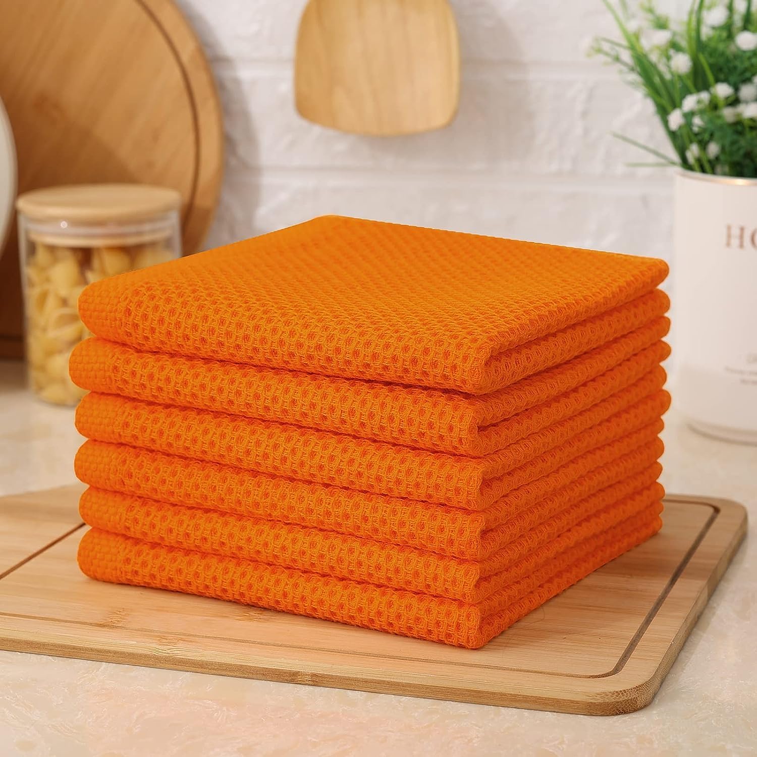 Kitinjoy 100% Cotton Waffle 12-Pack Kitchen Towels, 12" x 12", Orange | Ultra Absorbent, Super Soft, lightweight, Quick