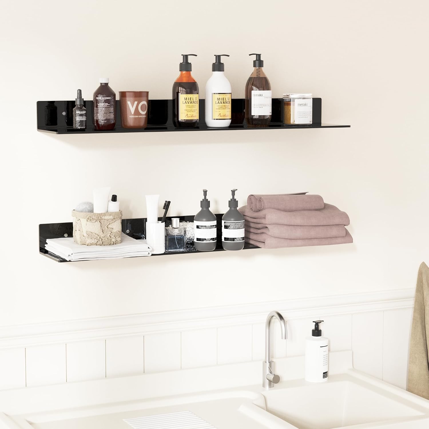 Sezanrpt 30 Inches Acrylic Long Wall Shelf Set of 2, Black Wall Mounted Acrylic Bathroom Storage Shelves Display