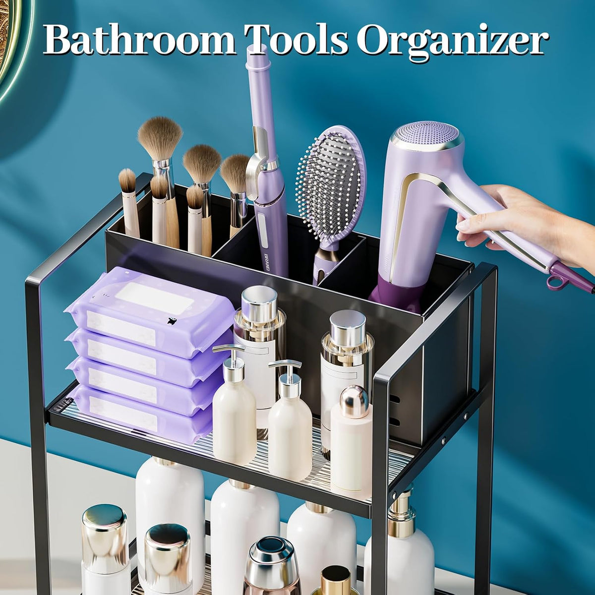 Bathroom Counter Organizer, Metal Vanity Shelf with Hair Dryer Holder | 2-Tier Hair Tool Organizer, Large Capacity