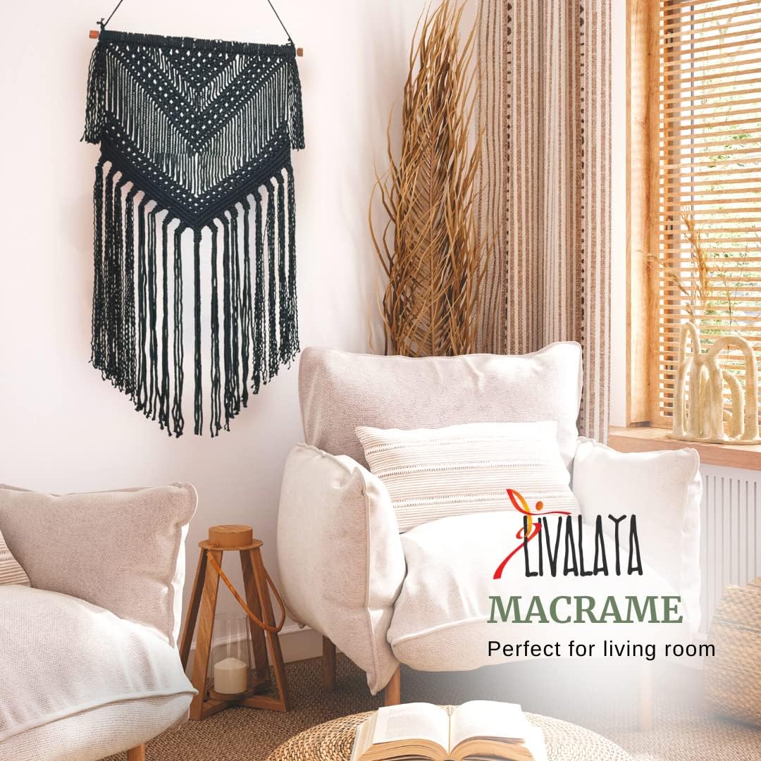 Boho Macrame Woven Wall Hanging / Black / 16 x 36