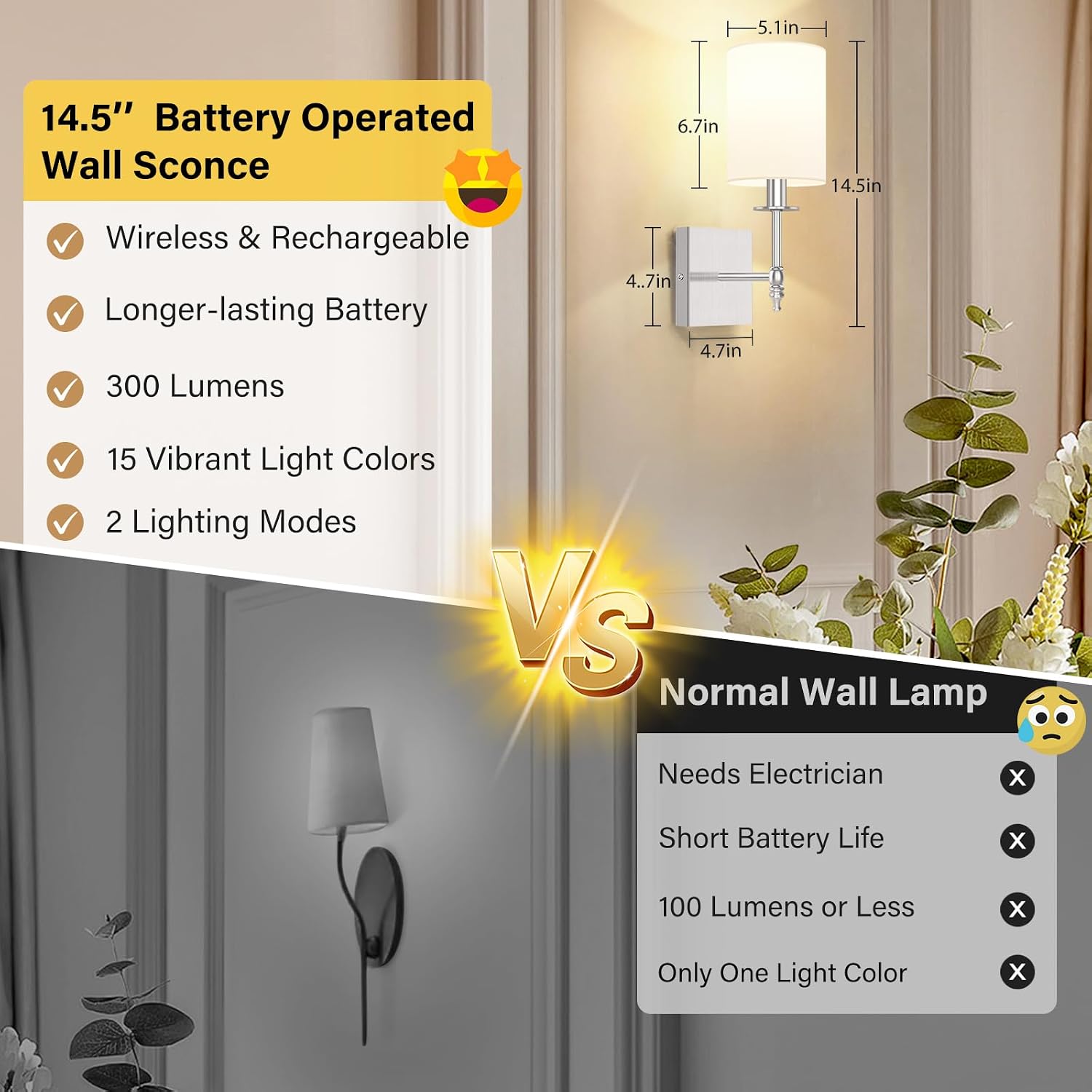 14 Inch Battery Operated Wall Sconces Set of 2 with Remote, Brushed Nickel Rechargeable Wireless Wall Lights with White