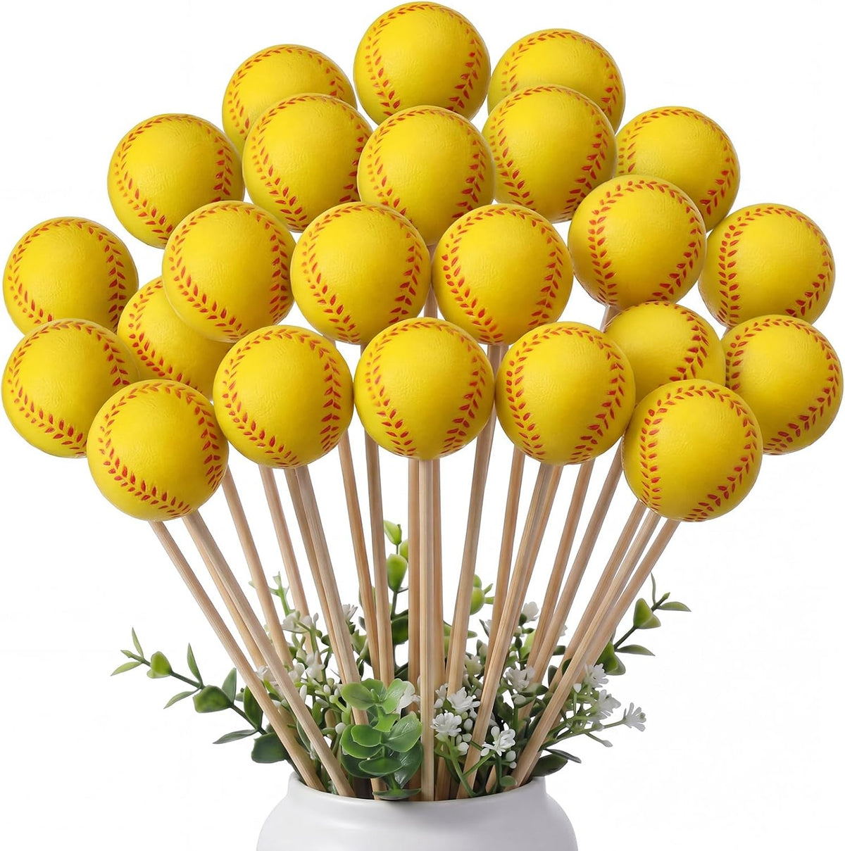 Soulchen 24 Pcs Softball Centerpiece Sticks Set 1.57inches Softball Balls with 7.87inches Sticks for Softballs Themed Party Decorations Sports Banquet Table Centerpieces Team Event Decor