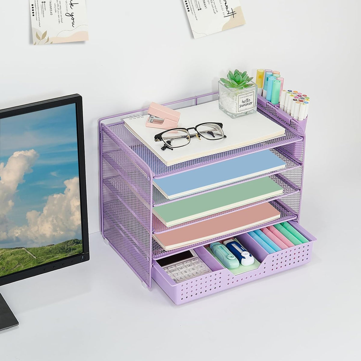LEKETREE Desk Organizers and Accessories, 5-Tier Paper Letter Tray Organizer with Drawer & 2 Pen Holders, Desktop