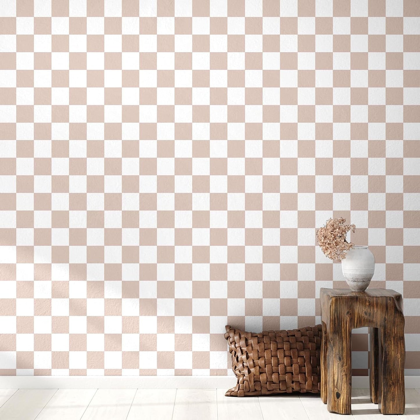 Neutral Checkered Peel and Stick Wallpaper Gingham Plaid Funky / 15.75'' x 118 / Light Brown