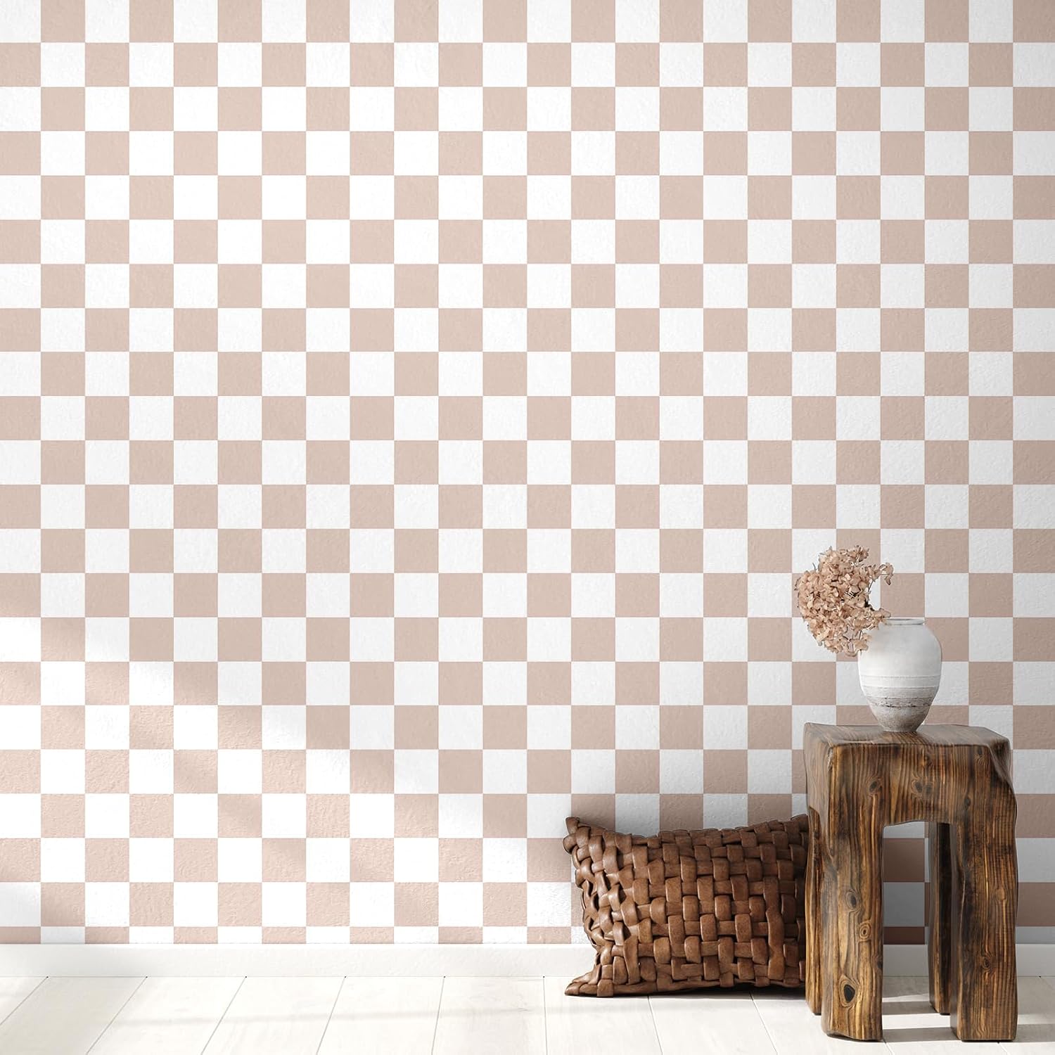 Neutral Checkered Peel and Stick Wallpaper Gingham Plaid Funky / 15.75'' x 118 / Light Brown