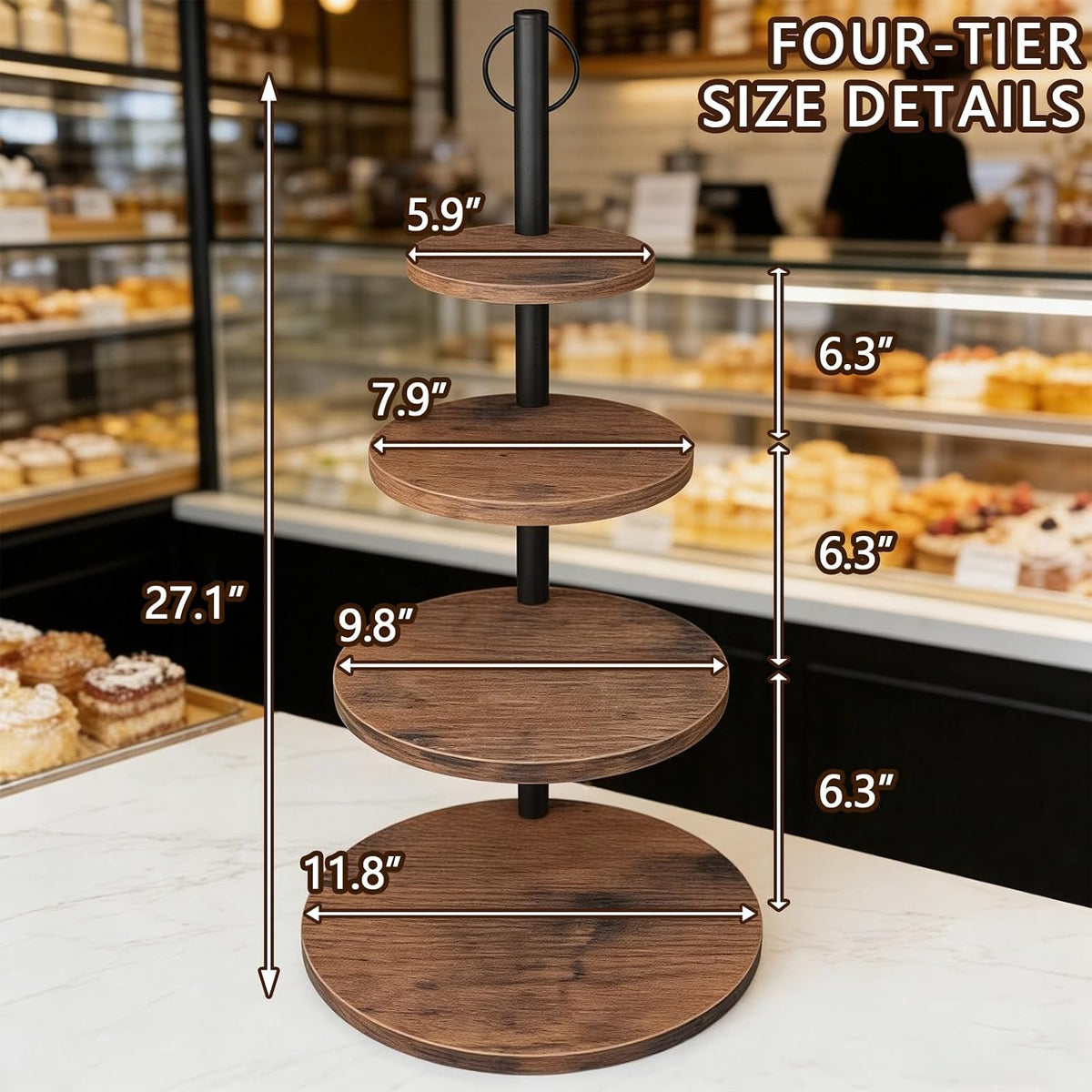Cupcake Stand, 2 Pack Rustic Wood 4 Tier Cake Stand, Tiered Serving Tray | Round Wooden Dessert Display Set