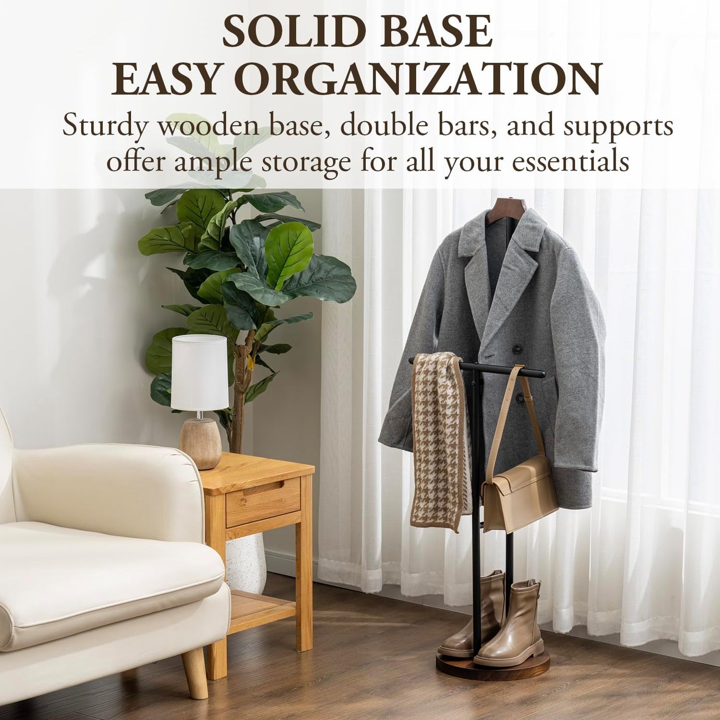 MyGift Modern Garment Valet Stand with Rustic Burnt Solid Wood Coat Clothes Hanger, Round Wooden Base, and Industrial
